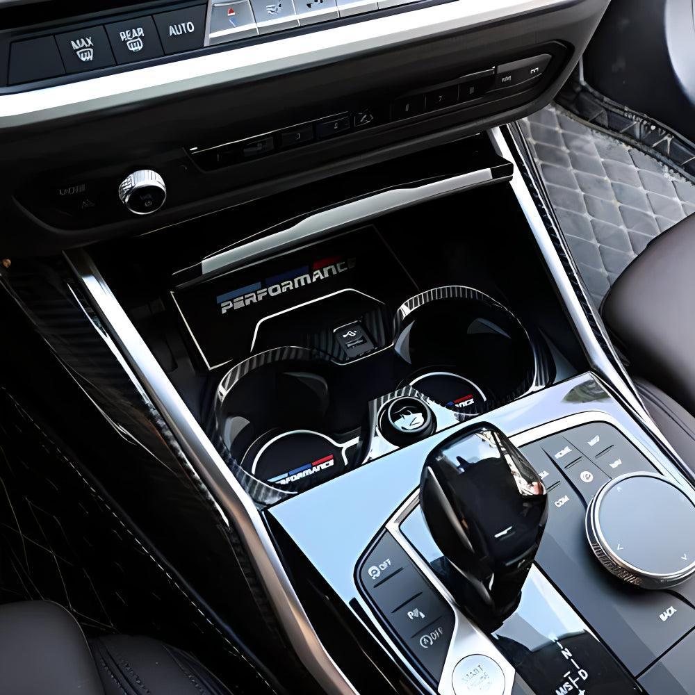 YDSSTORE Carbon Fiber Style ABS Chrome Car Central Control Cup Holder Frame Cover Trim for BMW 3 Series G20 G28 325li 2019 2020-autoydsstore