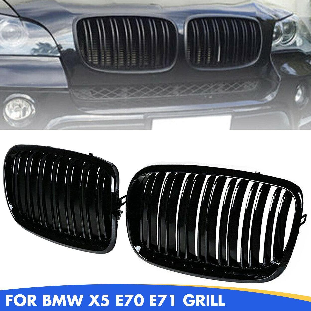 Front Bumper Kidney Grille Glossy Black for 2007-2014 BMW X5 E70 & X6 E71 (Dual Slat)