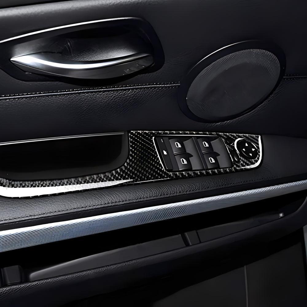 YDSSTORE Real Premium Carbon Fiber Car Window Lift Switch Panel Cover Sticker Interior Trim Compatible with BMW E90 325i 328i 330i 335i 2006-2012 Accessories Black - 378mm with Folding Button 4PCS-autoydsstore