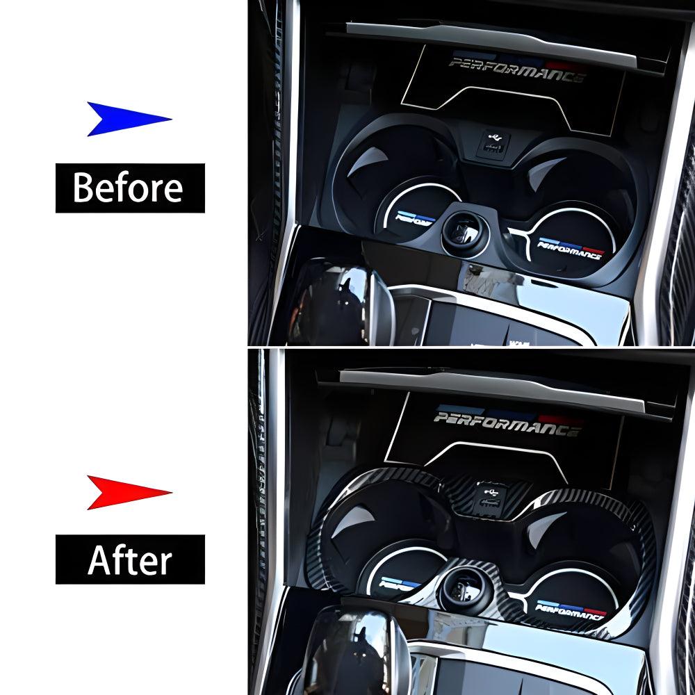 YDSSTORE Carbon Fiber Style ABS Chrome Car Central Control Cup Holder Frame Cover Trim for BMW 3 Series G20 G28 325li 2019 2020-autoydsstore
