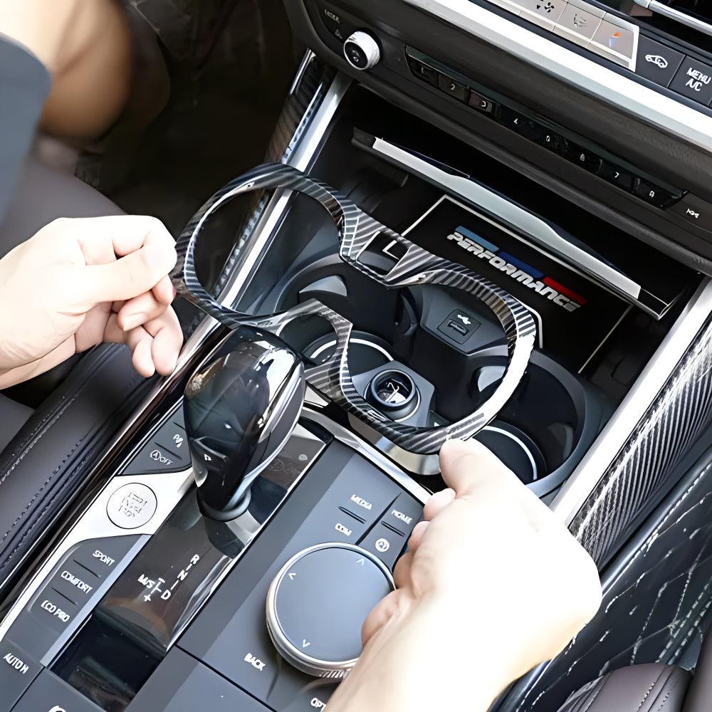 YDSSTORE Carbon Fiber Style ABS Chrome Car Central Control Cup Holder Frame Cover Trim for BMW 3 Series G20 G28 325li 2019 2020-autoydsstore