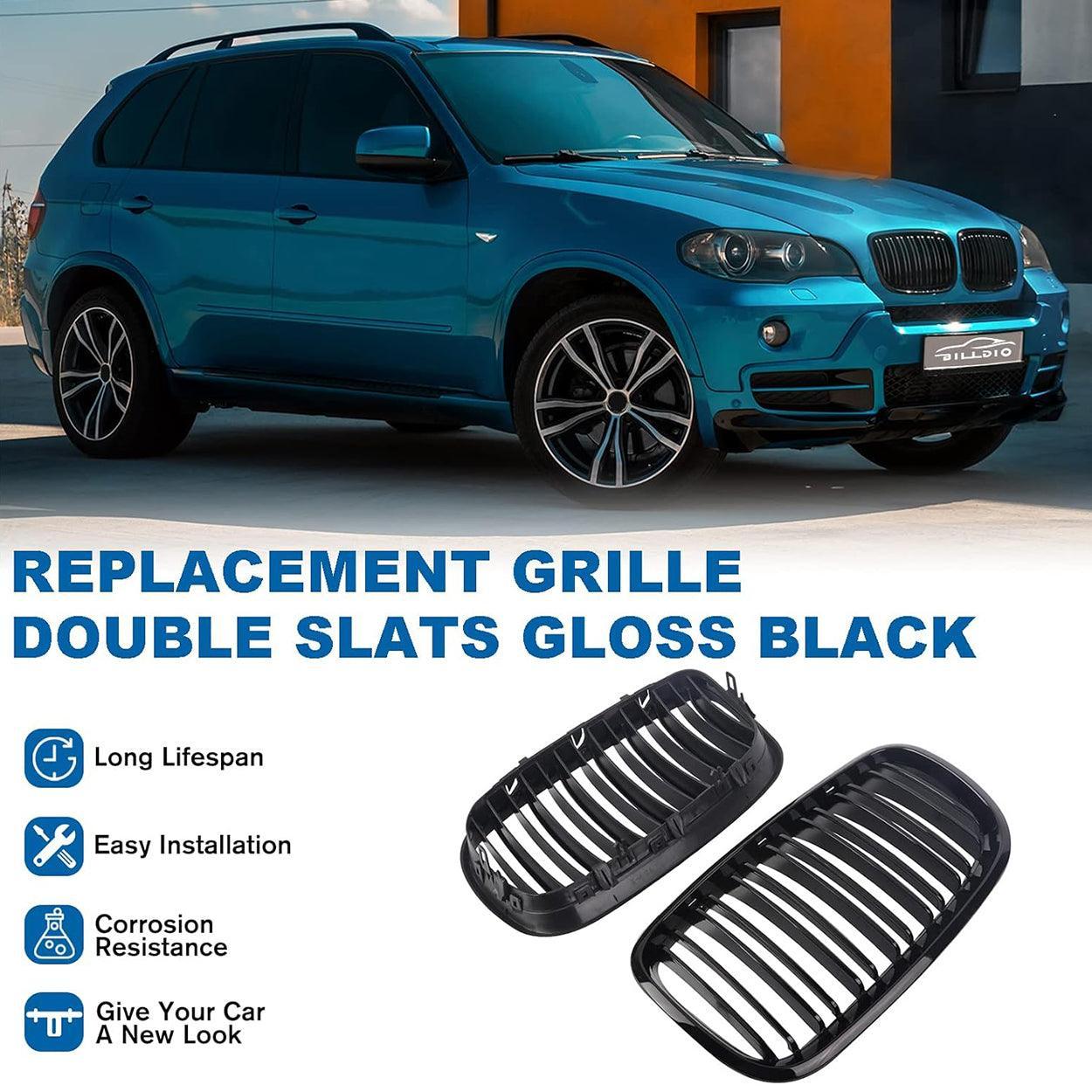 Front Bumper Kidney Grille Glossy Black for 2007-2014 BMW X5 E70 & X6 E71 (Dual Slat)