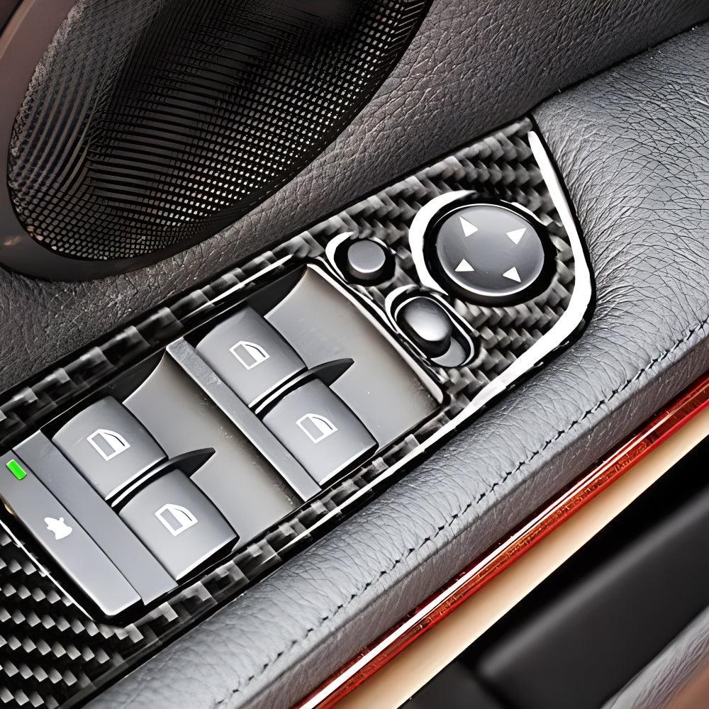 YDSSTORE Real Premium Carbon Fiber Car Window Lift Switch Panel Cover Sticker Interior Trim Compatible with BMW E90 325i 328i 330i 335i 2006-2012 Accessories Black - 378mm with Folding Button 4PCS-autoydsstore