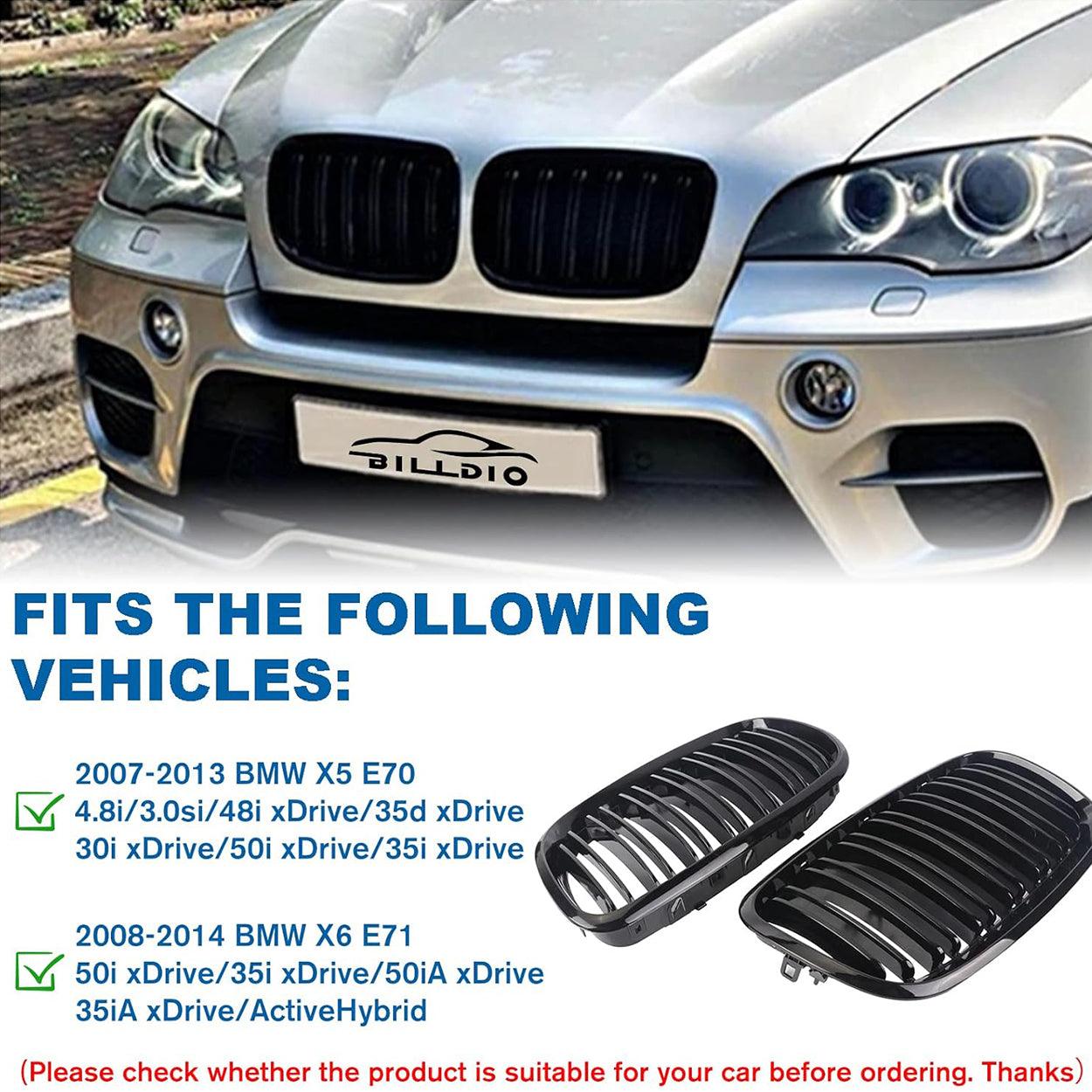 Front Bumper Kidney Grille Glossy Black for 2007-2014 BMW X5 E70 & X6 E71 (Dual Slat)