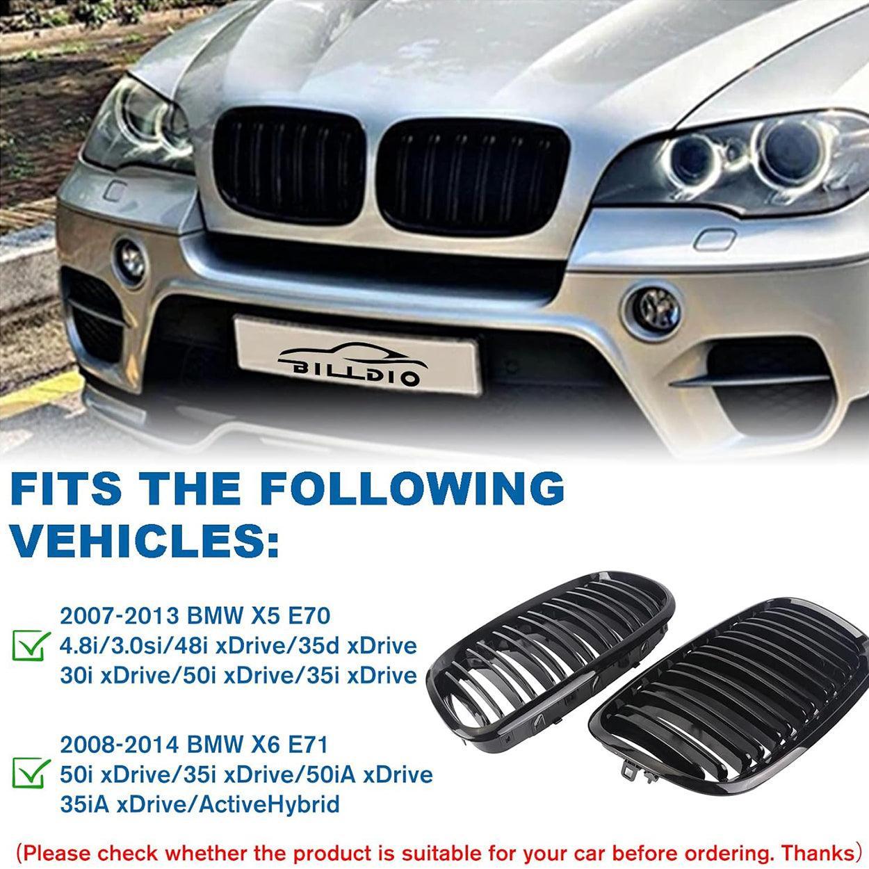 Front Bumper Kidney Grille Glossy Black for 2007-2014 BMW X5 E70 & X6 E71 (Dual Slat)