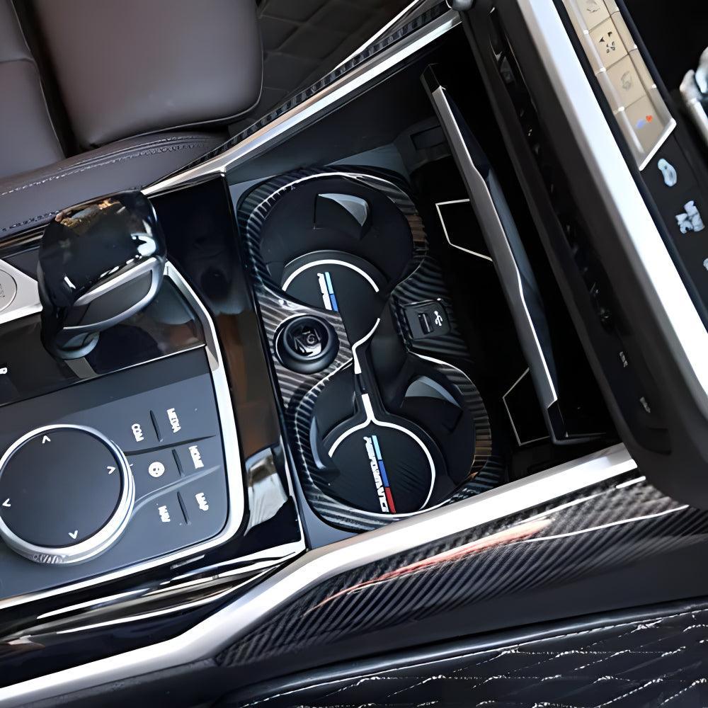 YDSSTORE Carbon Fiber Style ABS Chrome Car Central Control Cup Holder Frame Cover Trim for BMW 3 Series G20 G28 325li 2019 2020-autoydsstore
