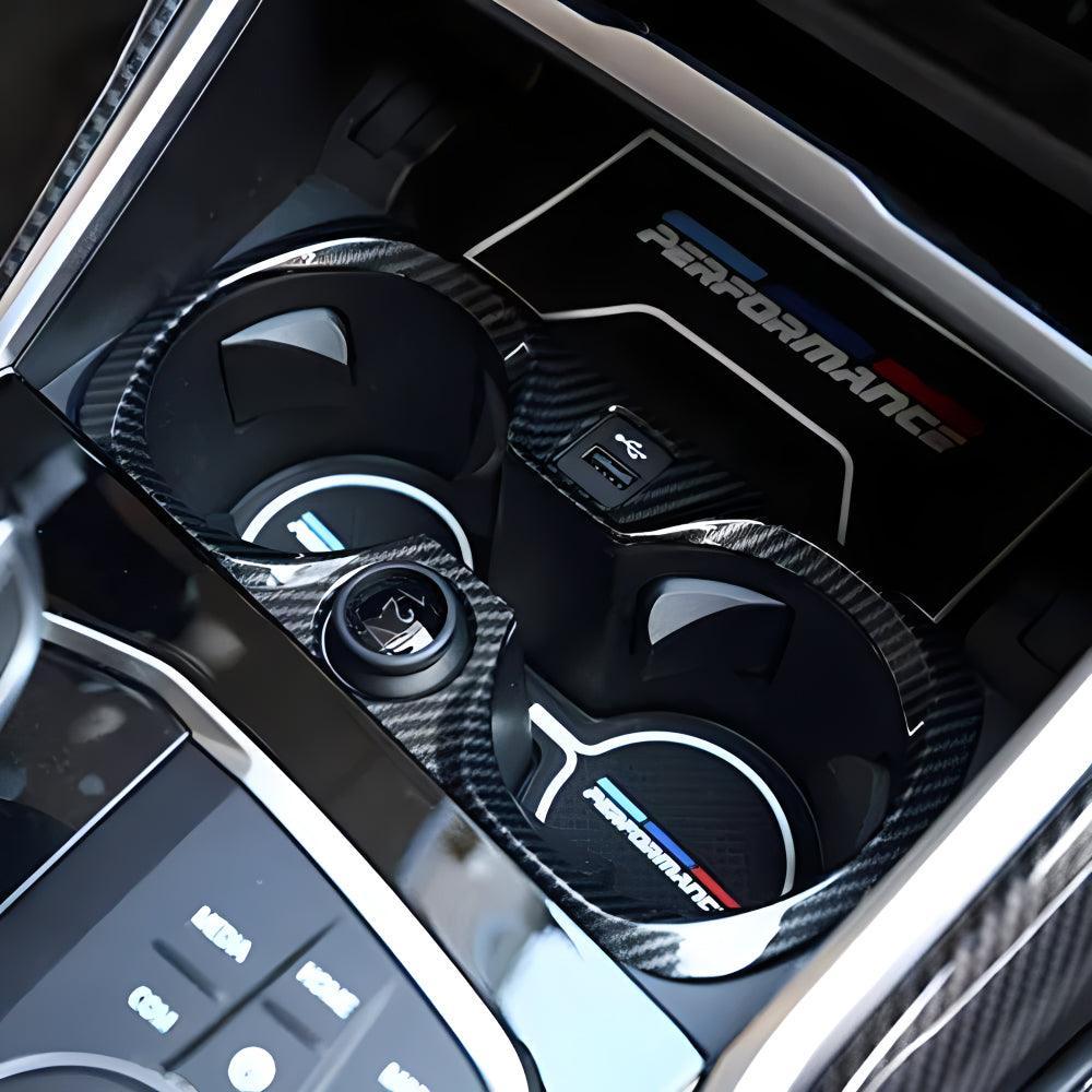 YDSSTORE Carbon Fiber Style ABS Chrome Car Central Control Cup Holder Frame Cover Trim for BMW 3 Series G20 G28 325li 2019 2020-autoydsstore