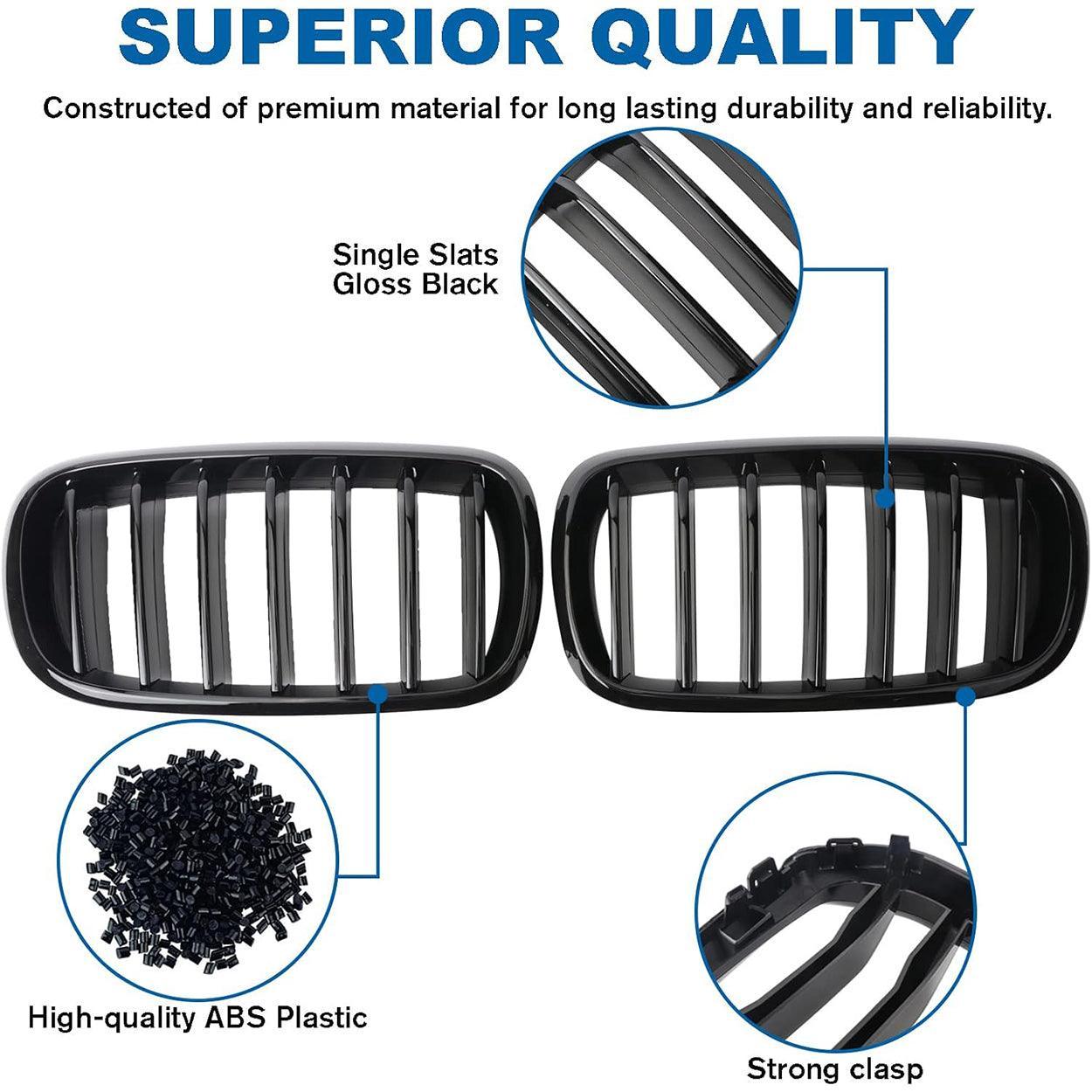 Front Bumper Kidney Grille Glossy Black for 2007-2014 BMW X5 E70 & X6 E71 (Dual Slat)