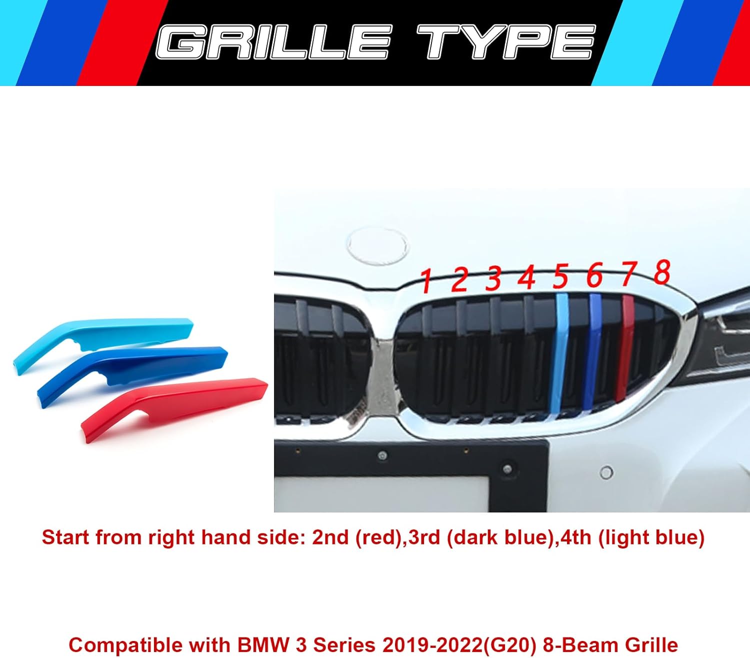 YDSSTORE M-Colored Tri Grille Insert Trim Strips for BMW G20 3 Series (2019-2022) | Compatible with 8-Beam Front Kidney Grilles for 330i 340i-autoydsstore