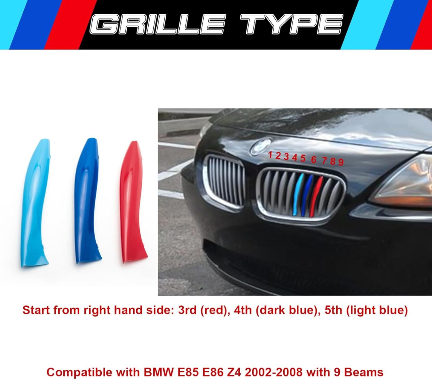 YDSSTORE M-Colored Tri Grille Insert Trim Strips for BMW E85 & E86 Z4 (2002-2008) | Compatible with 9-Beam Front Kidney Grilles | Easy Clip-on Installation-autoydsstore