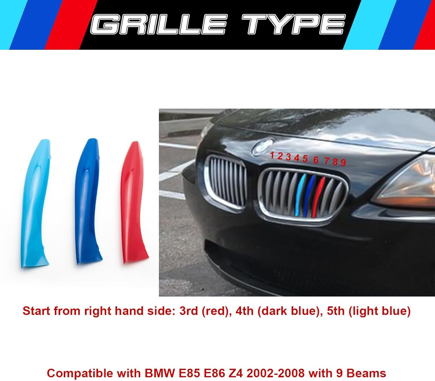 YDSSTORE M-Colored Tri Grille Insert Trim Strips for BMW E85 & E86 Z4 (2002-2008) | Compatible with 9-Beam Front Kidney Grilles | Easy Clip-on Installation-autoydsstore