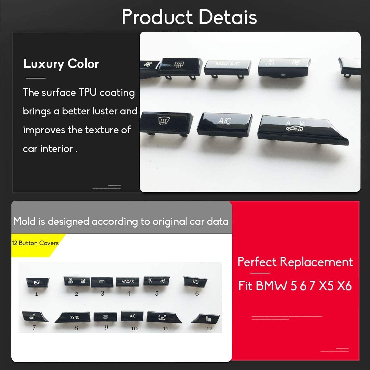 For BMW 5 6 7 X5 X6 A/C Climate Control Button Covers 12PCS| Bright Black | YDSSTORE