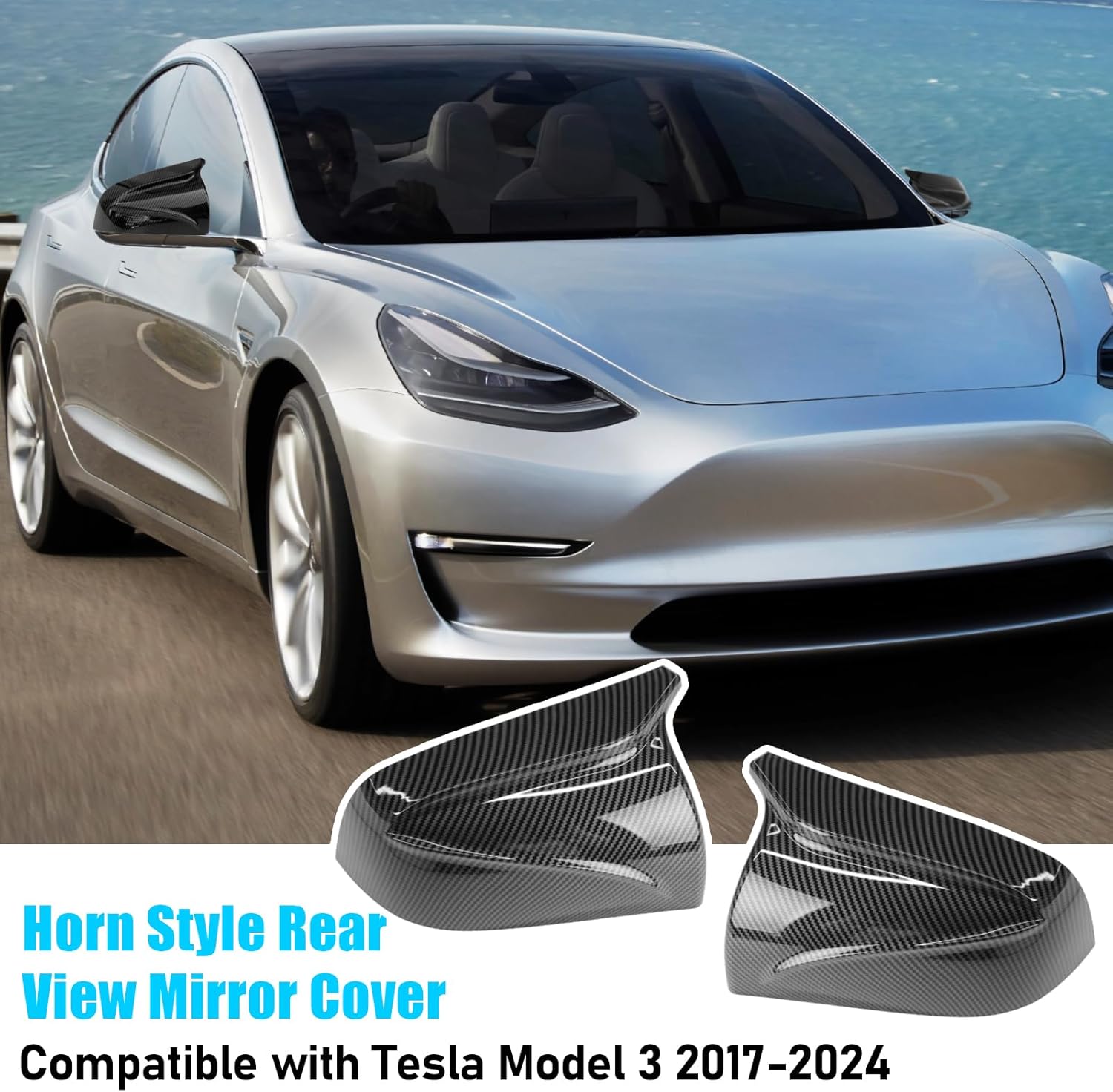 YDSSTORE Compatible with Tesla Model 3 Side Mirror Cover 2017-2024. Horns M Style Carbon Fiber Pattern Rear View Mirror Cover.Clip-on Left Driver and Right Side Mirror Caps for Tesla Model 3 Accessories-autoydsstore