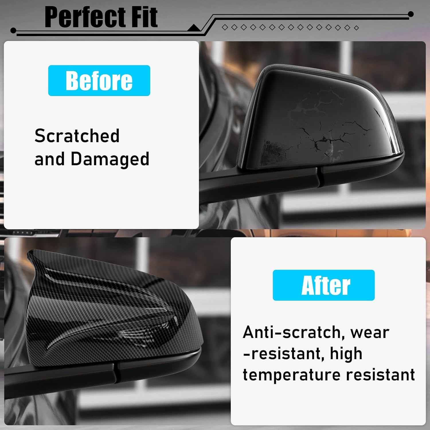 YDSSTORE Compatible with Tesla Model 3 Side Mirror Cover 2017-2024. Horns M Style Carbon Fiber Pattern Rear View Mirror Cover.Clip-on Left Driver and Right Side Mirror Caps for Tesla Model 3 Accessories-autoydsstore