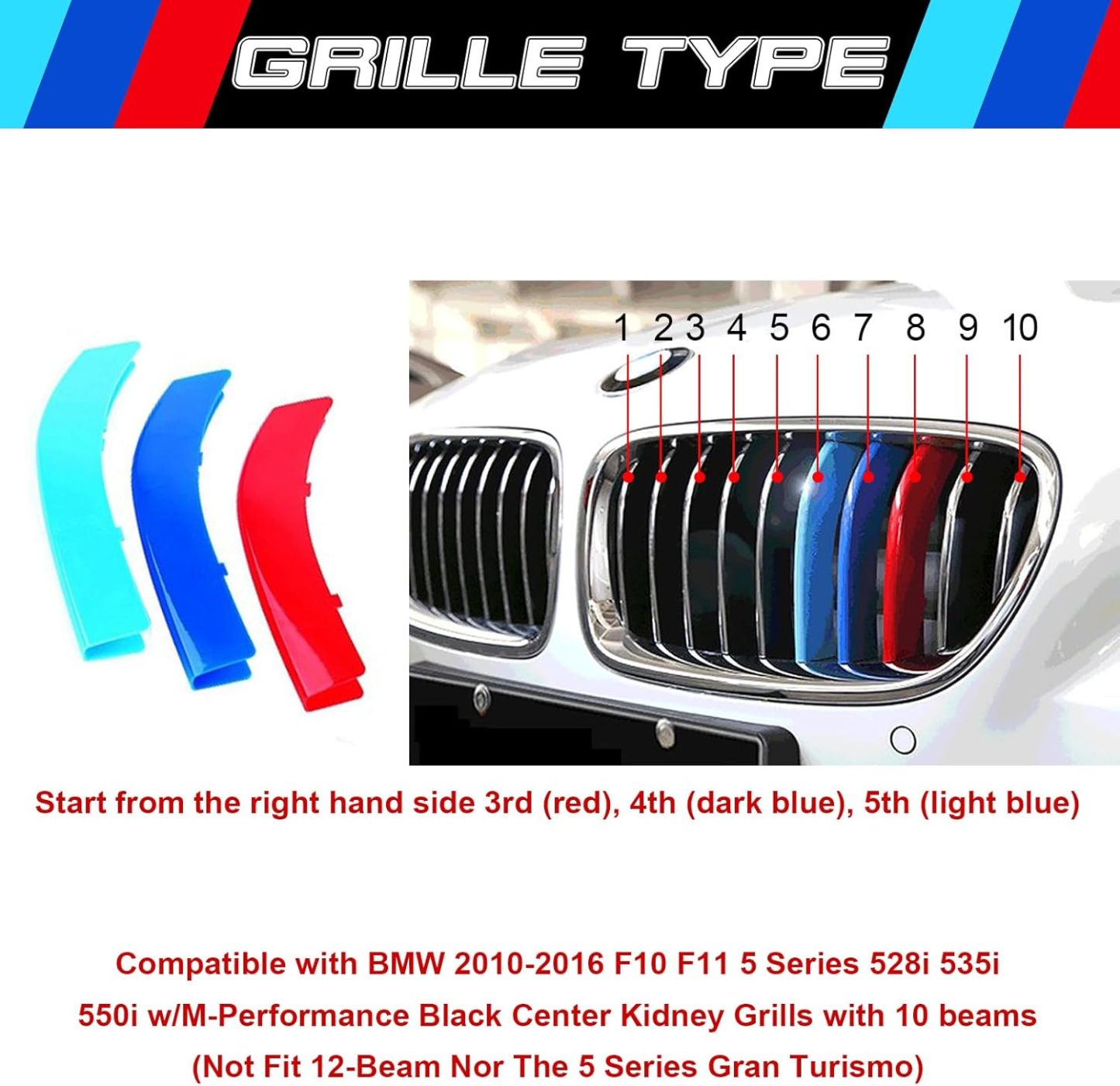 YDSSTORE M-Colored Tri Grille Insert Trim Strips for BMW F10 & F11 (2010-2016) | Compatible with 10-Beam Standard Chrome Grilles | Easy Clip-on Installation-autoydsstore