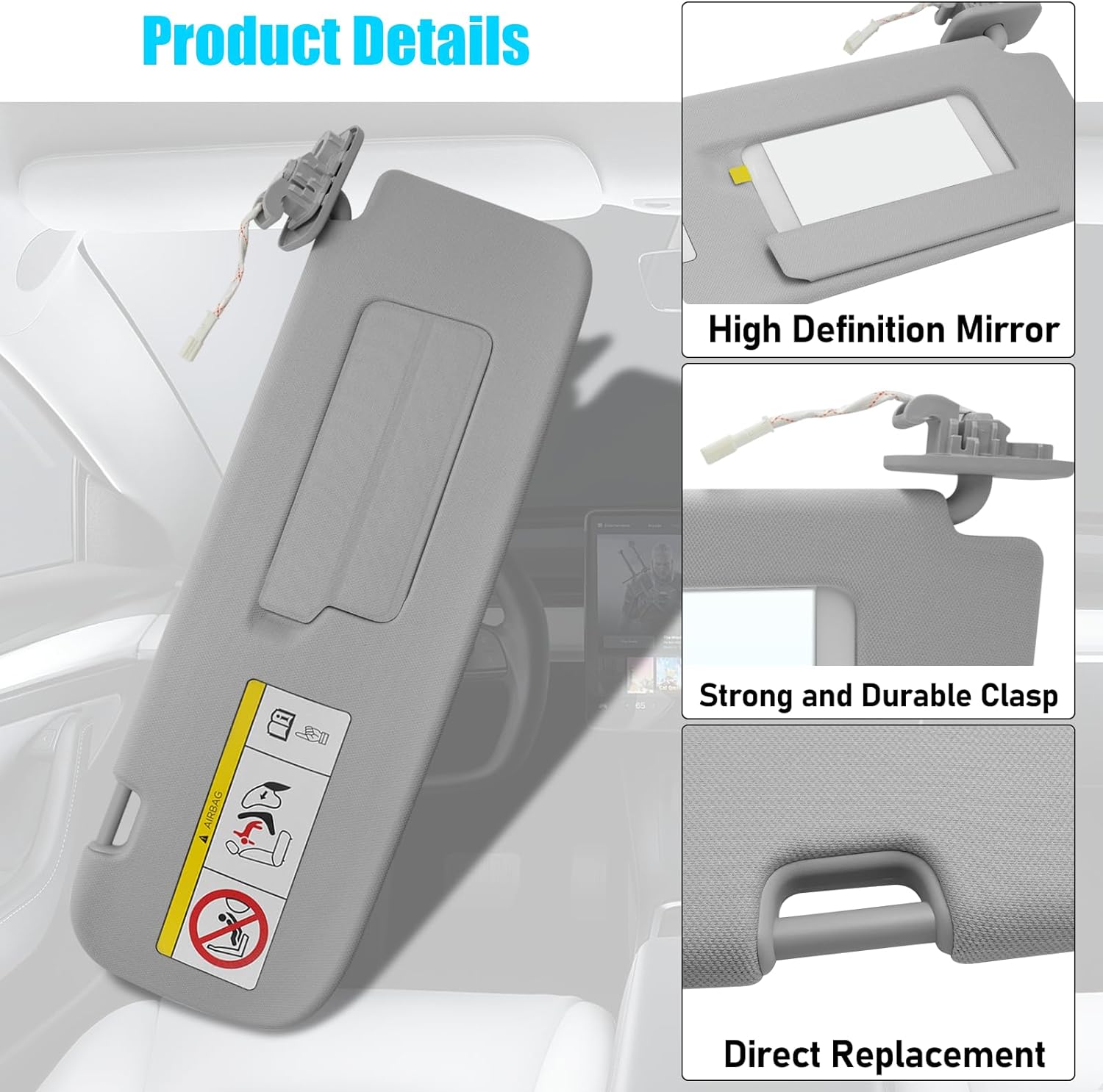 YDSSTORE Compatible with Tesla Model 3/Y Sun Visor 2017-2023. 1490406-01-B. Passenger Side Sunvisor Replacement with Vanity Mirror. Grey Sunroof Sun Visor for Tesla Model 3 Model Y 2017-2023 (Right)-autoydsstore