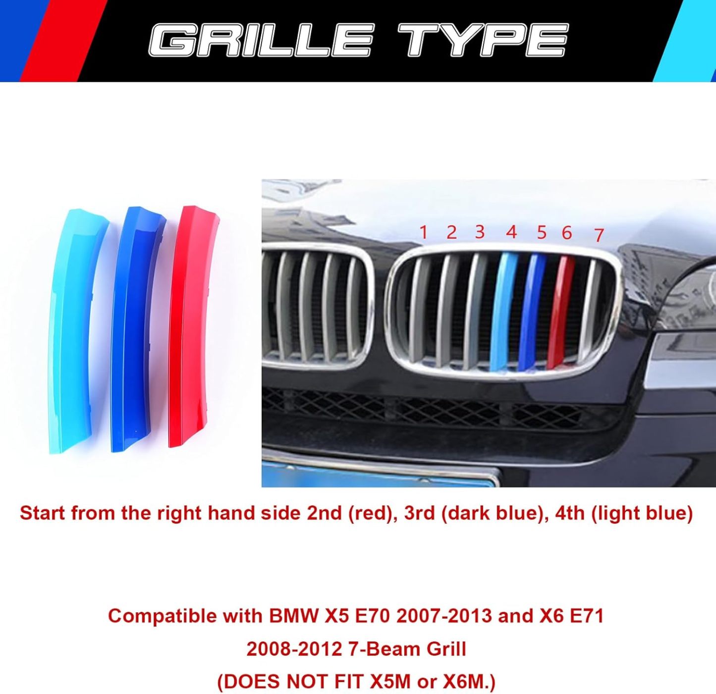 YDSSTORE M-Colored Tri Grille Insert Trim Strips for BMW X5 E70 (2007-2013) & X6 E71 (2008-2012) | Compatible with 7-Beam Front Grilles | Easy Clip-on Installation)-autoydsstore