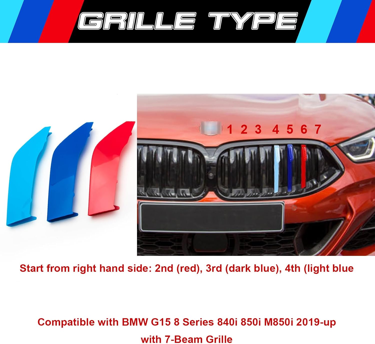 YDSSTORE M-Colored Tri Grille Insert Trim Strips for BMW G15 8 Series (2019-up) | Compatible with 7-Beam Front Kidney Grilles for 840i. 850i. M850i-autoydsstore