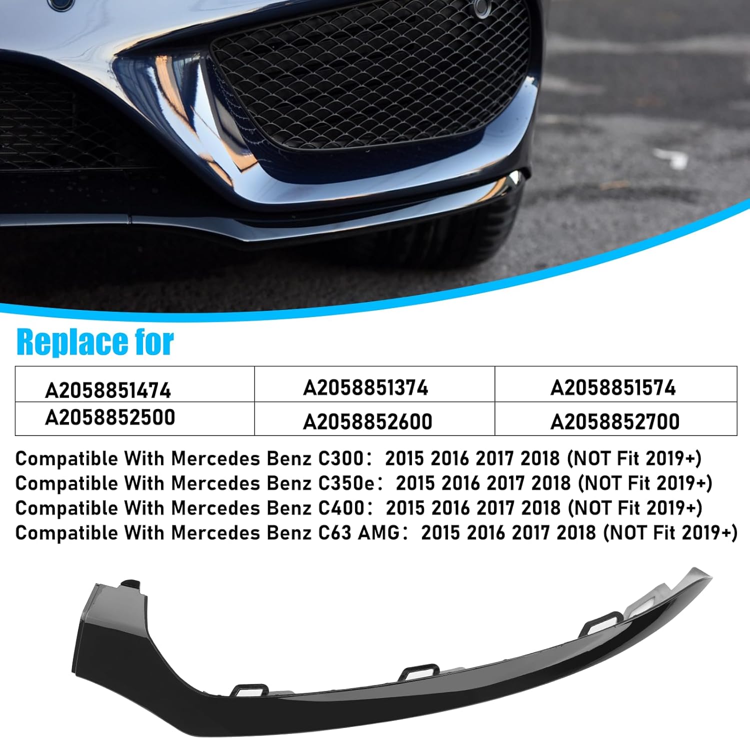 For Mercedes-Benz W205 Front Bumper Trim Molding 2015-2018. 3PCS Glossy Black Bumper Lower Trim Replacement for Mercedes W205 C300 C400 C350 C63 with AMG-LINE Sport Model-autoydsstore