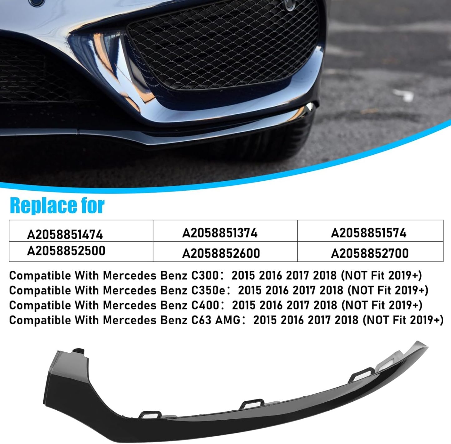 For Mercedes-Benz W205 Front Bumper Trim Molding 2015-2018. 3PCS Glossy Black Bumper Lower Trim Replacement for Mercedes W205 C300 C400 C350 C63 with AMG-LINE Sport Model-autoydsstore