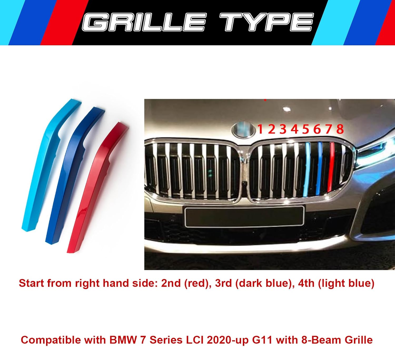 YDSSTORE M-Colored Tri Grille Insert Trim Strips for BMW G11 7 Series LCI (2020-up) | Compatible with 8-Beam Front Kidney Grilles-autoydsstore