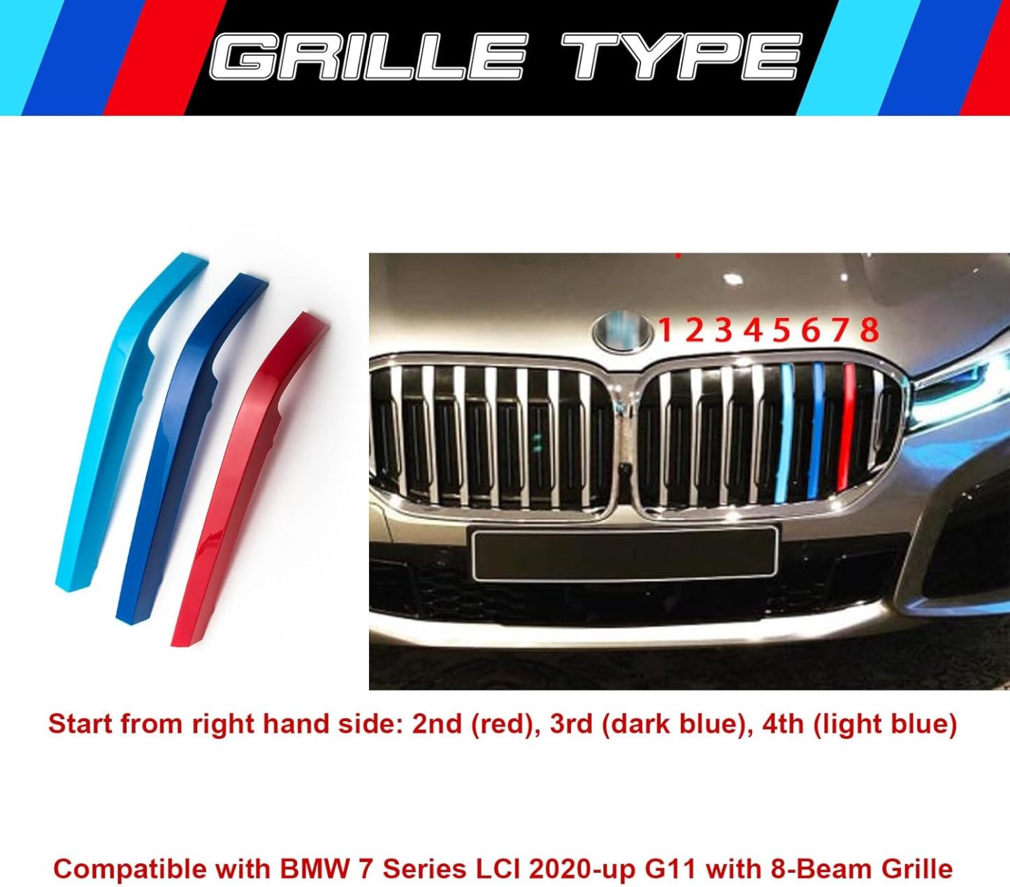 YDSSTORE M-Colored Tri Grille Insert Trim Strips for BMW G11 7 Series LCI (2020-up) | Compatible with 8-Beam Front Kidney Grilles-autoydsstore