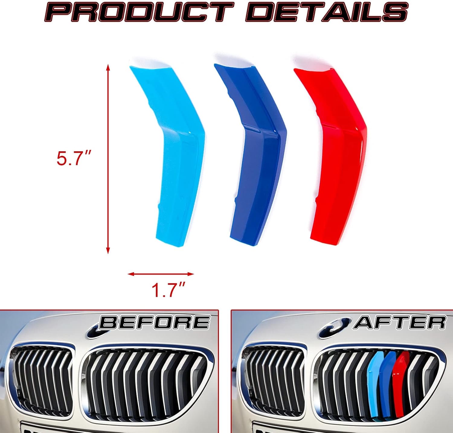 YDSSTORE M-Colored Tri Grille Insert Trim Strips for BMW 6 Series F12 F13 (2016-2018) | Compatible with 9-Beam Front Kidney Grilles for 640i 650i Coupe/Convertible/Gran Coupe-autoydsstore