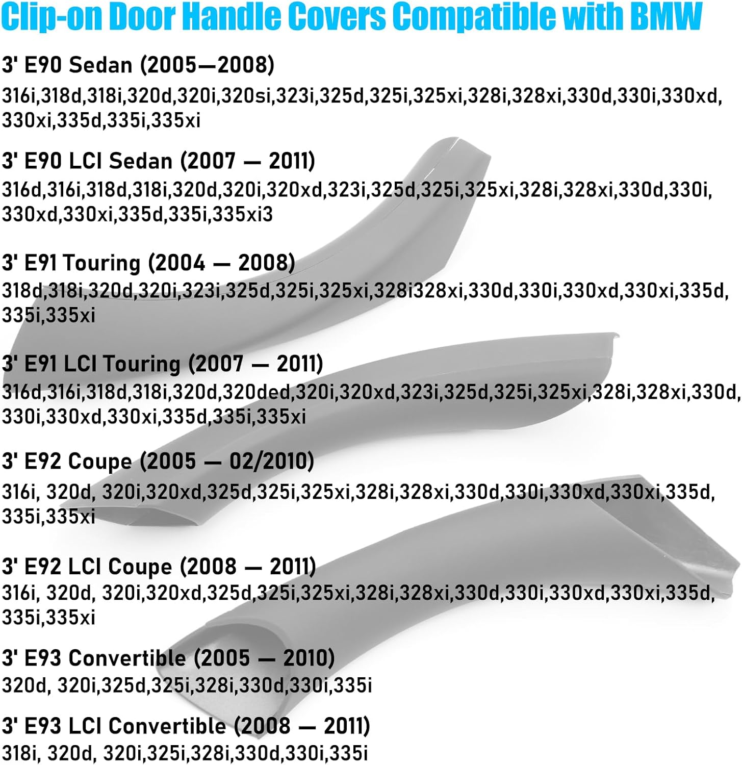 For BMW 3 E90/E91 Door Handle Covers. 6PCS Door Pull Handle Cover Left and Right Passenger (Black) |YDSSTORE-autoydsstore