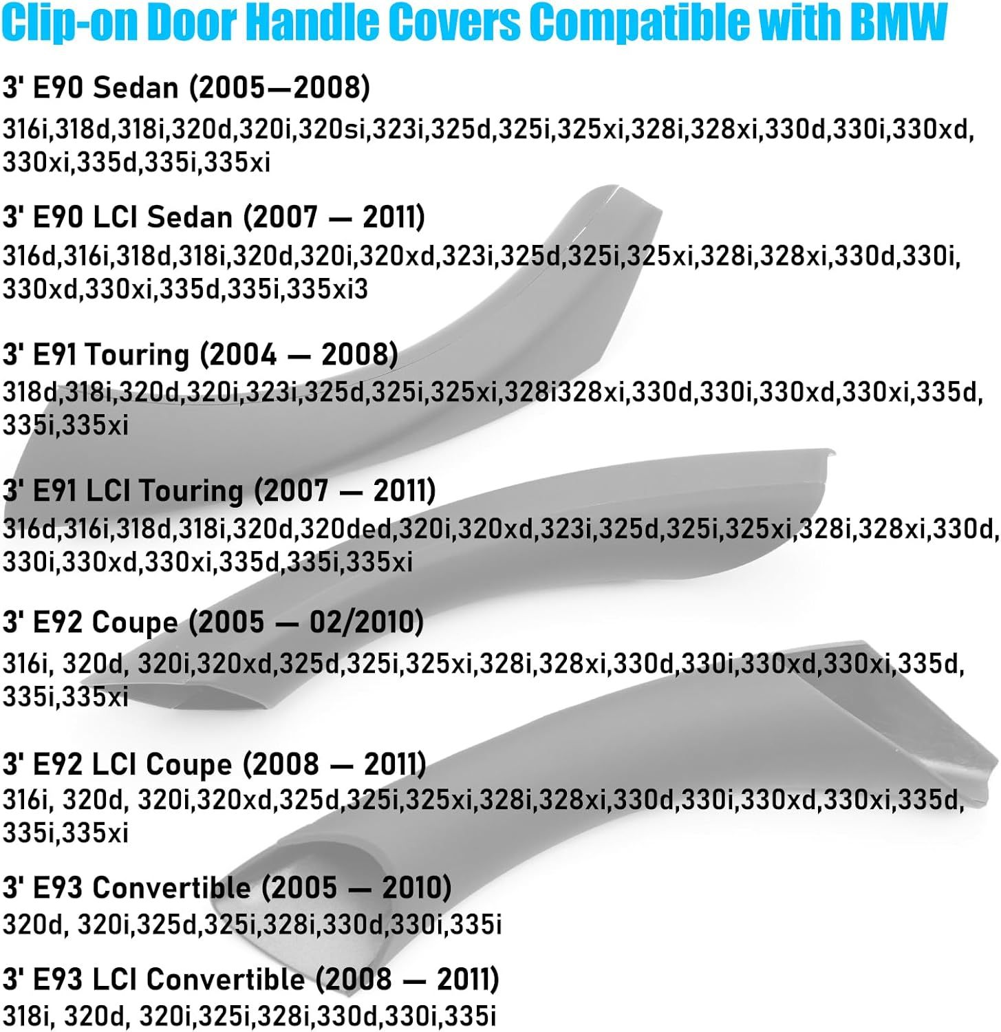 For BMW 3 E90/E91 Door Handle Covers. 6PCS Door Pull Handle Cover Left and Right Passenger (Black) |YDSSTORE-autoydsstore