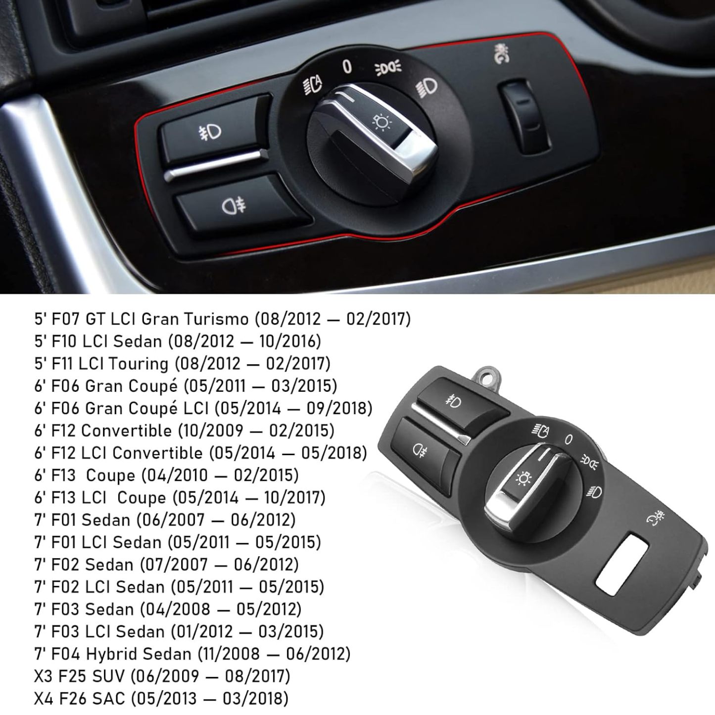 YDSSTORE  Compatible with BMW Headlight Switch Button Panel Cover for 5 Series F10 6 Series F12 7 Series F01 X3 F25 X4 F26 4PCS Light Control Knob Frame Foglight Button Kit-autoydsstore