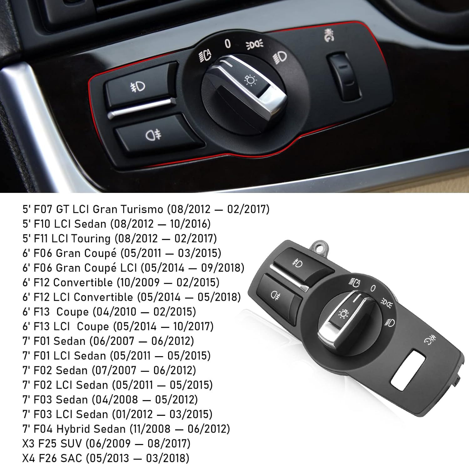 YDSSTORE  Compatible with BMW Headlight Switch Button Panel Cover for 5 Series F10 6 Series F12 7 Series F01 X3 F25 X4 F26 4PCS Light Control Knob Frame Foglight Button Kit-autoydsstore