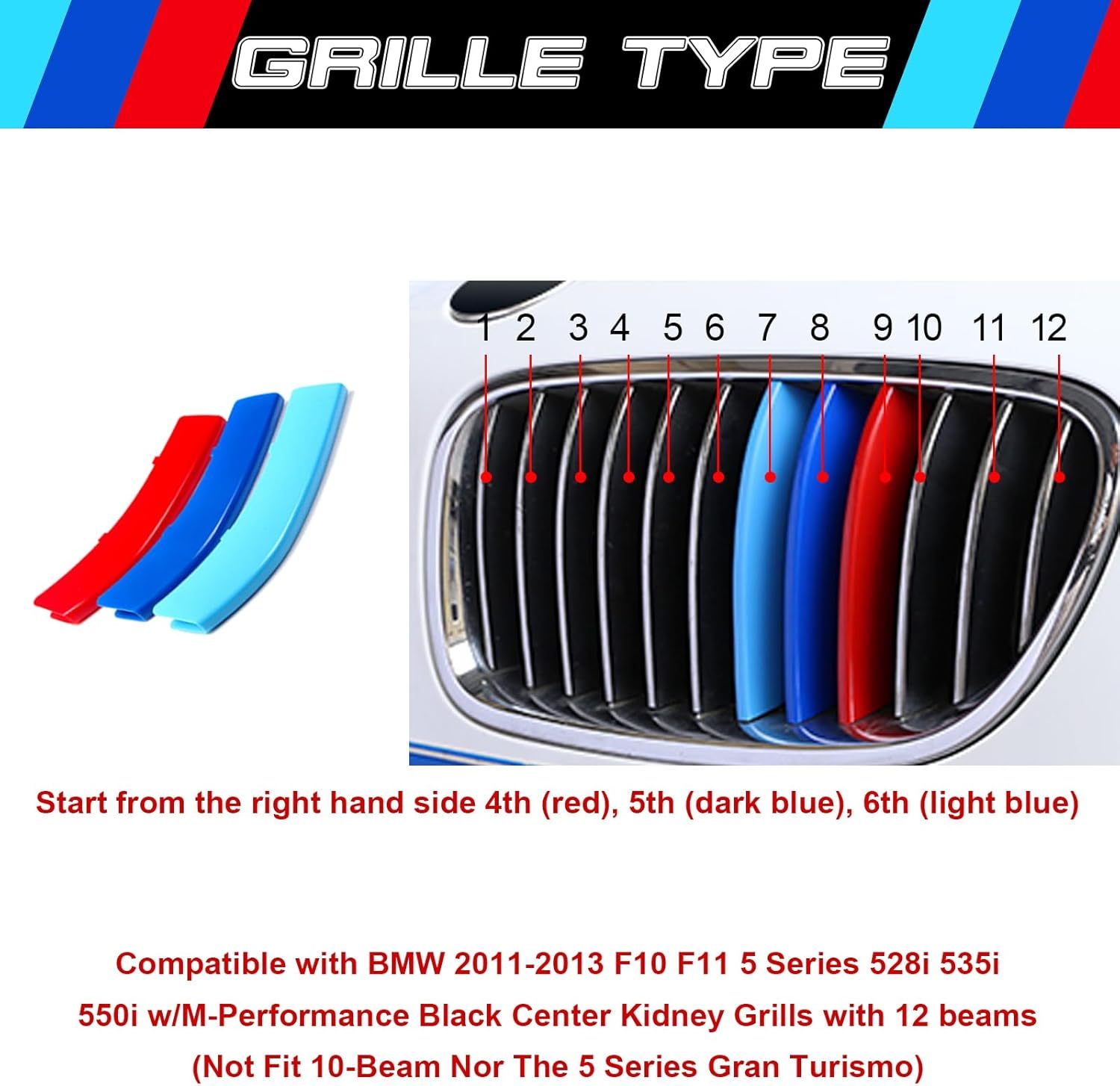 YDSSTORE M-Colored Tri Grille Insert Trim Strips for BMW F10 & F11 (2011-2013) | Compatible with M-Performance Black Grilles | 12-Beam Front Grilles | Easy Clip-on Installation-autoydsstore
