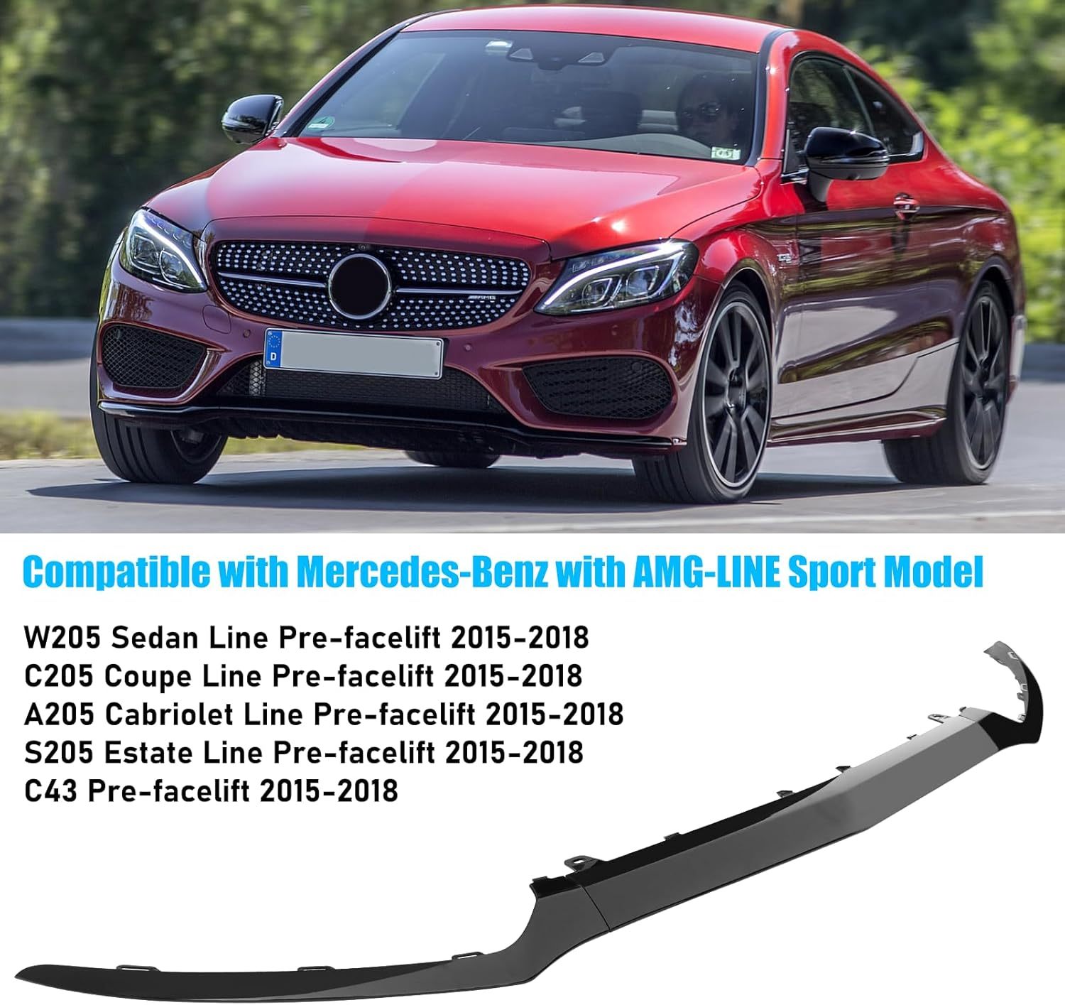 For Mercedes-Benz W205 Front Bumper Trim Molding 2015-2018. 3PCS Glossy Black Bumper Lower Trim Replacement for Mercedes W205 C300 C400 C350 C63 with AMG-LINE Sport Model-autoydsstore