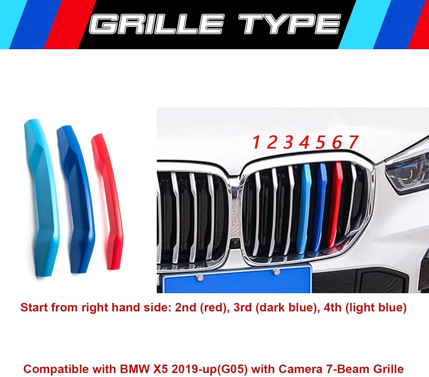 YDSSTORE  M-Colored Tri Grille Insert Trim Strips for BMW X5 G05 (2019+) | Compatible with 7-Beam Front Kidney Grilles & Night Vision Camera | Easy Clip-on Installation-autoydsstore