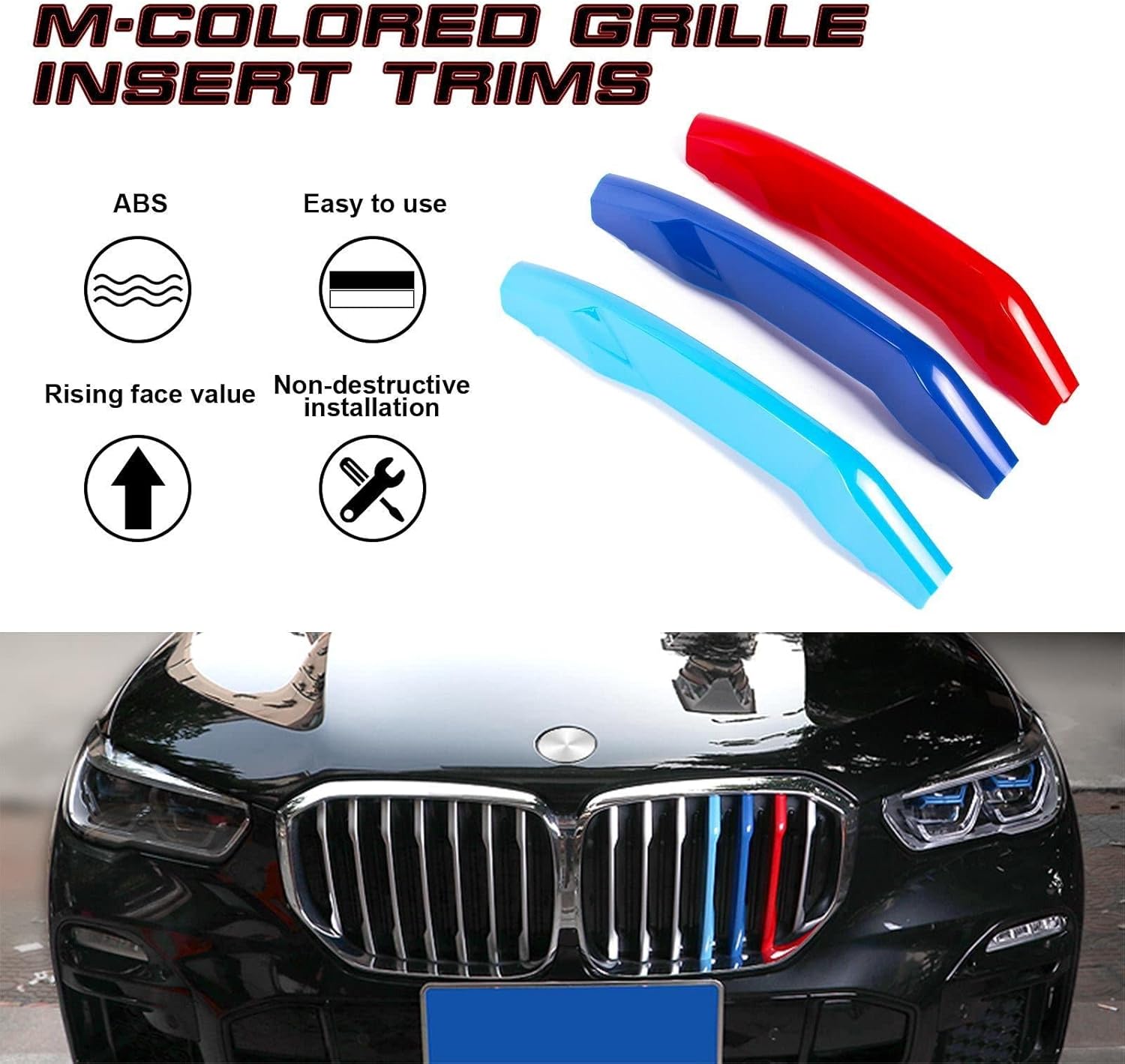 YDSSTORE  M-Colored Tri Grille Insert Trim Strips for BMW X5 G05 (2019+) | Compatible with 7-Beam Front Kidney Grilles W/O Night Vision Camera Option | Easy Clip-on Installation-autoydsstore