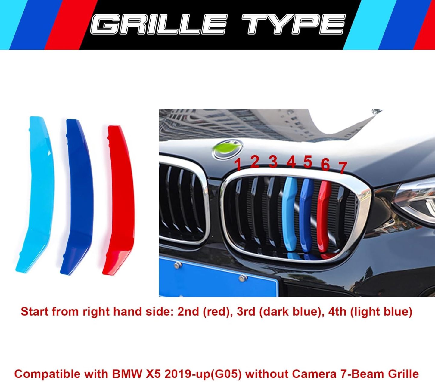 YDSSTORE  M-Colored Tri Grille Insert Trim Strips for BMW X5 G05 (2019+) | Compatible with 7-Beam Front Kidney Grilles W/O Night Vision Camera Option | Easy Clip-on Installation-autoydsstore