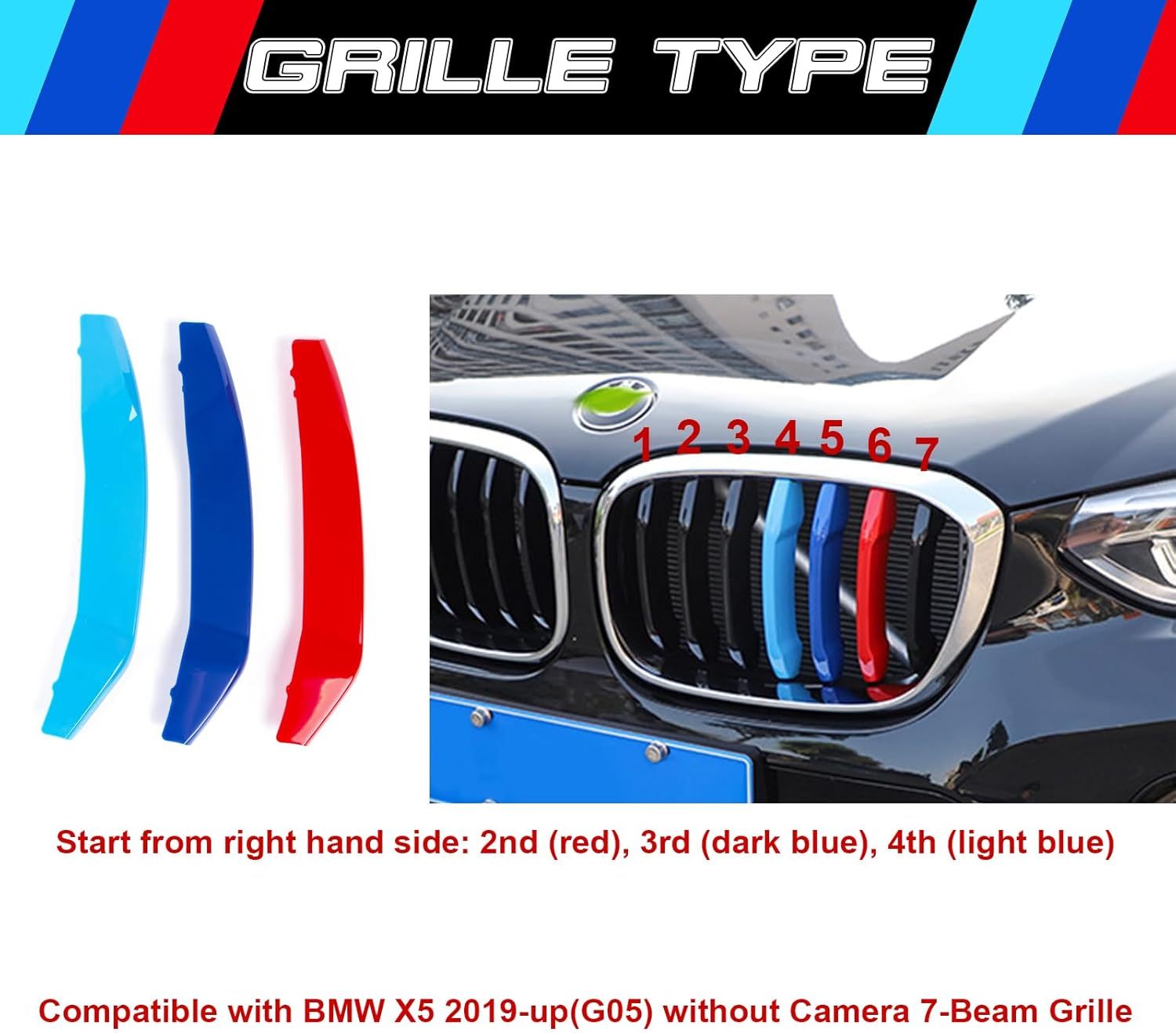 YDSSTORE  M-Colored Tri Grille Insert Trim Strips for BMW X5 G05 (2019+) | Compatible with 7-Beam Front Kidney Grilles W/O Night Vision Camera Option | Easy Clip-on Installation-autoydsstore