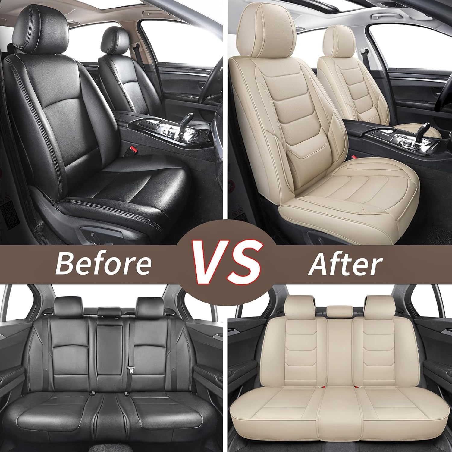 YDSSTORE Leather Car Seat Covers Full Set Breathable Automotive Seat Covers Waterproof Seat Protectors Universal Fit for Most Automotive Cars SUV Trucks(Beige. Full Set)