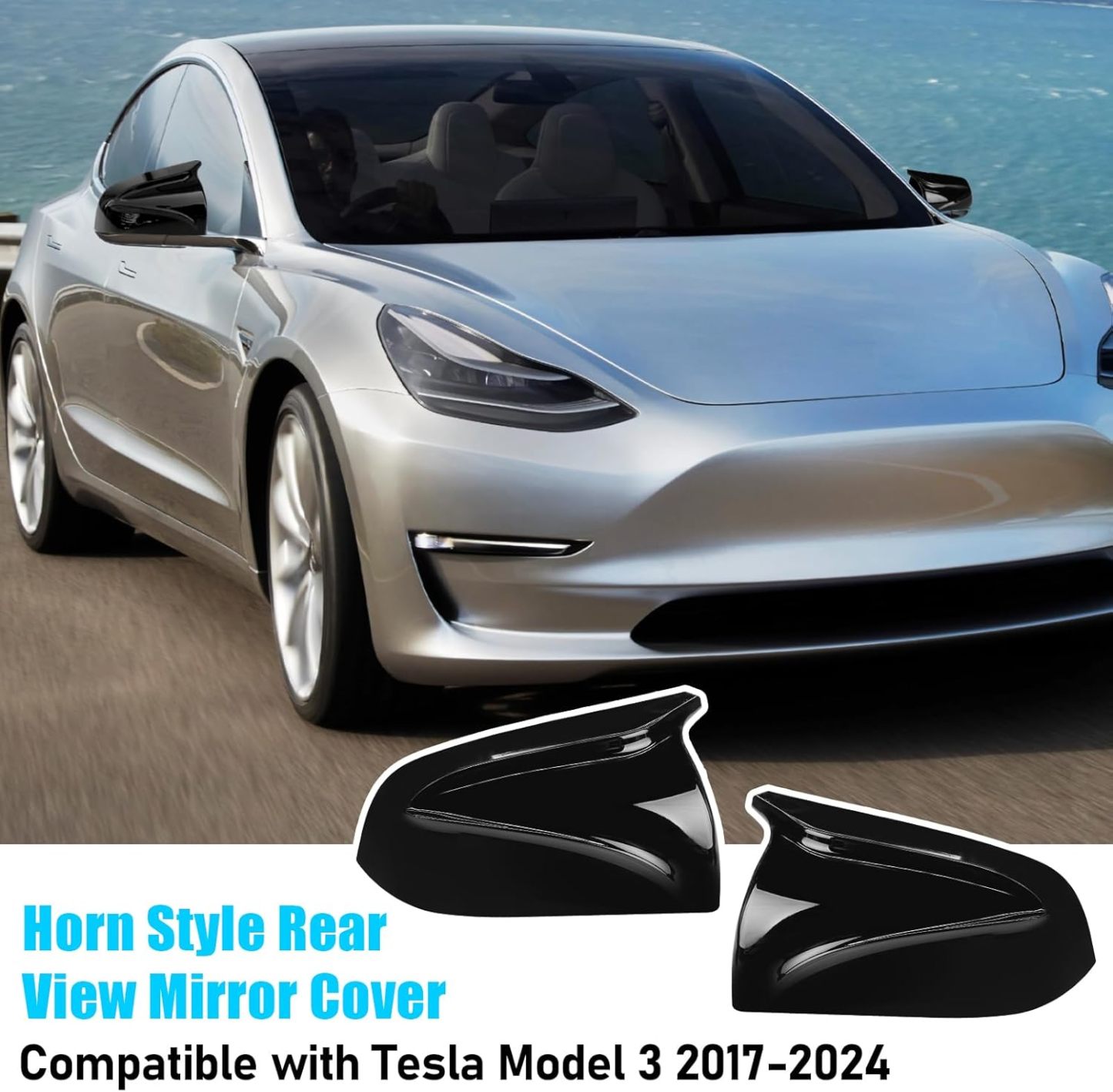 YDSSTORE Compatible with Tesla Model 3 Side Mirror Cover 2017-2024. Horns M Style Glossy Black Rear View Mirror Cover. Clip-on Left Driver &Right Passenger Side Mirror Caps for Tesla Model 3 Accessories-autoydsstore