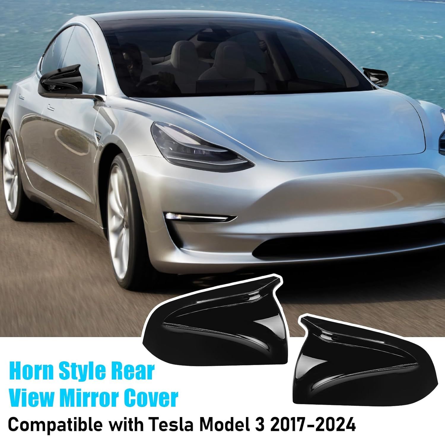 YDSSTORE Compatible with Tesla Model 3 Side Mirror Cover 2017-2024. Horns M Style Glossy Black Rear View Mirror Cover. Clip-on Left Driver &Right Passenger Side Mirror Caps for Tesla Model 3 Accessories-autoydsstore
