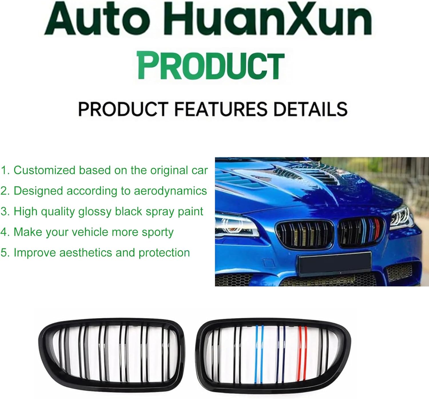 F10 Black Kidney Grille.Front Bumper Grill Compatible with 2010-2017 BMW 5 Series F10 F11 F18 Sedan 520i 528i 535d 535i 550i 520i (Double Slats M Color. F10 (2010-2016))