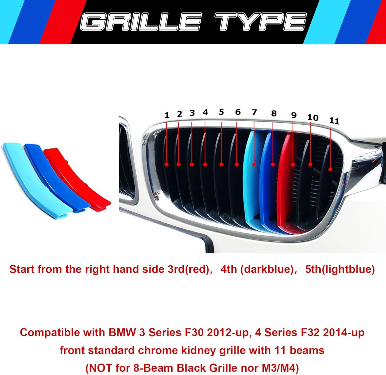 YDSSTORE M-Colored Tri Grille Insert Trim Strips for BMW 3 Series F30 & 4 Series F32 (2012-up. 2014-up) | Compatible with Standard Chrome Kidney Grilles | 11-Beam Front Grille | Easy Clip-on Installation-autoydsstore