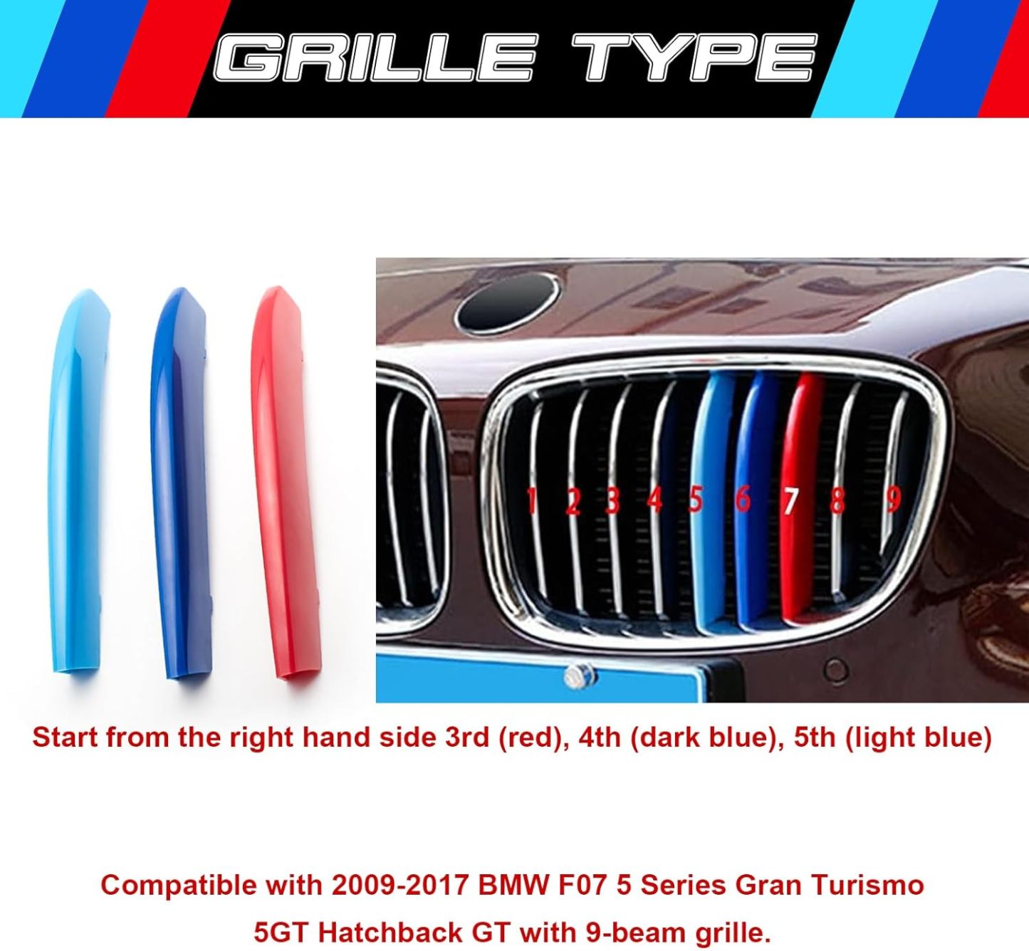 YDSSTORE M-Colored Grille Insert Trim Strips for BMW 5 Series GT F07 (2009-2017) | Compatible with 9-Beam Front Kidney Grilles | Easy Clip-on Installation-autoydsstore