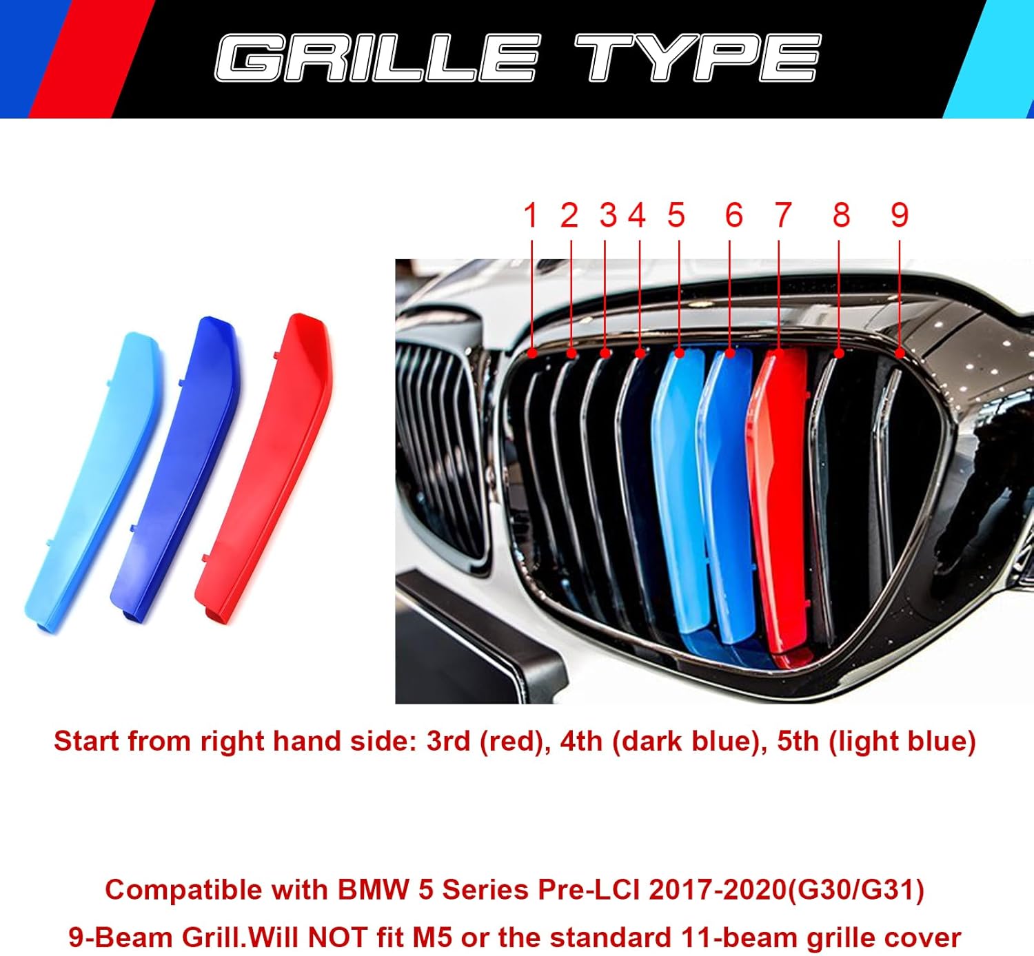 YDSSTORE M-Colored Tri Grille Insert Trim Strips for BMW 5 Series G30 & G31 (2017-2020) | Compatible with 9-Beam Front Grilles | Easy Clip-on Installation-autoydsstore