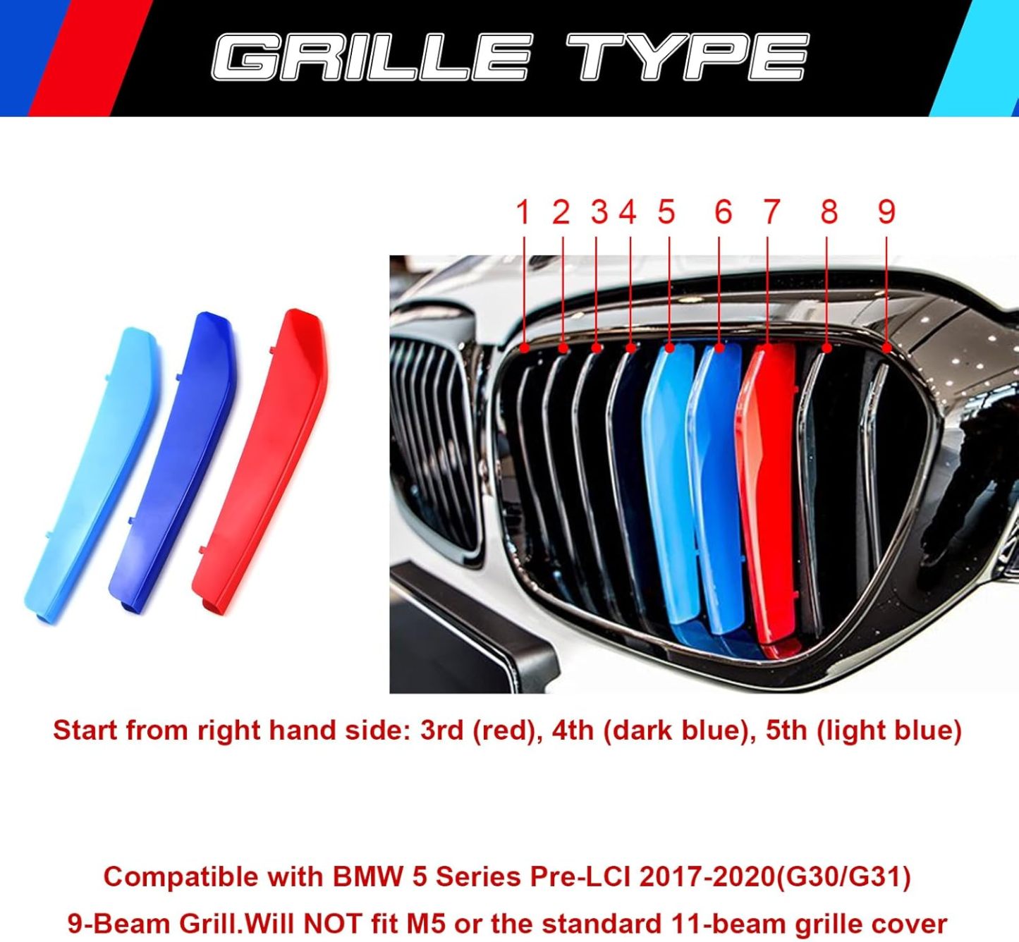 YDSSTORE M-Colored Tri Grille Insert Trim Strips for BMW 5 Series G30 & G31 (2017-2020) | Compatible with 9-Beam Front Grilles | Easy Clip-on Installation-autoydsstore