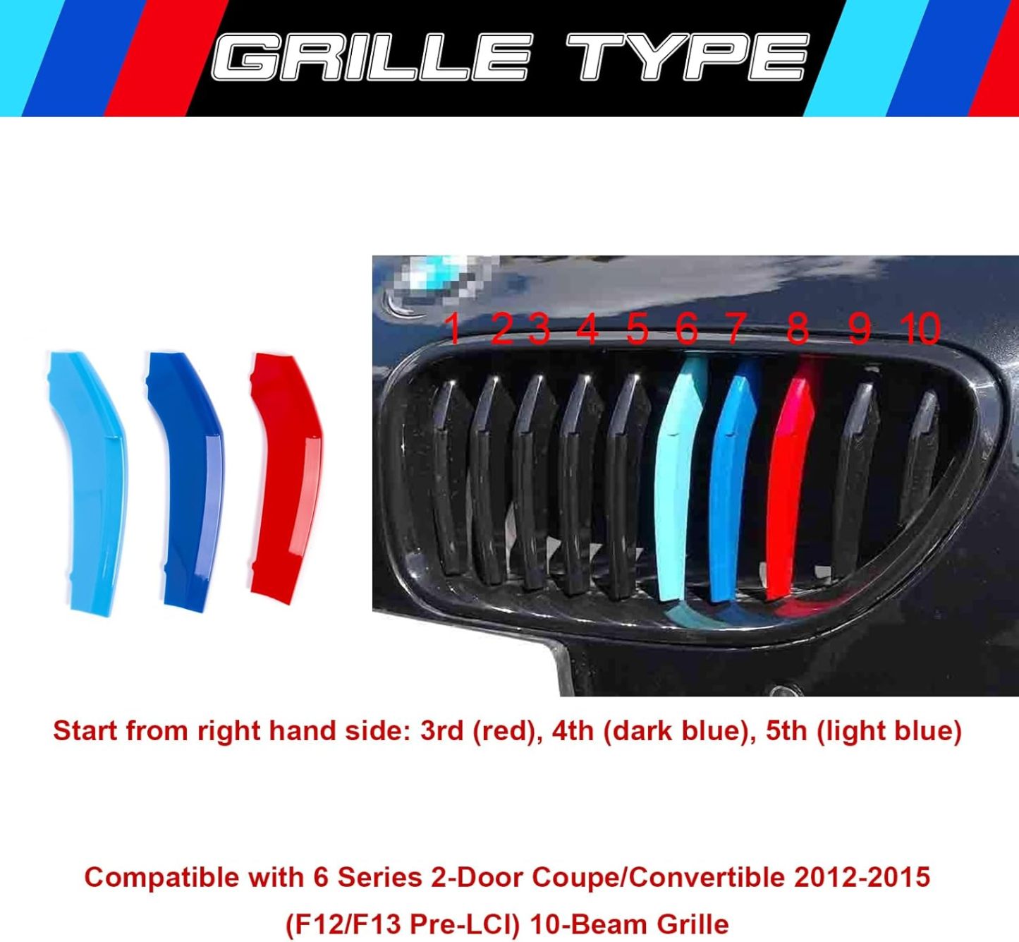 YDSSTORE M-Colored Tri Grille Insert Trim Strips for BMW Pre-LCI 6 Series F12 F13 (2012-2015) | Compatible with 10-Beam Front Kidney Grilles for 640i 650i 2-Door Coupe/Convertible-autoydsstore