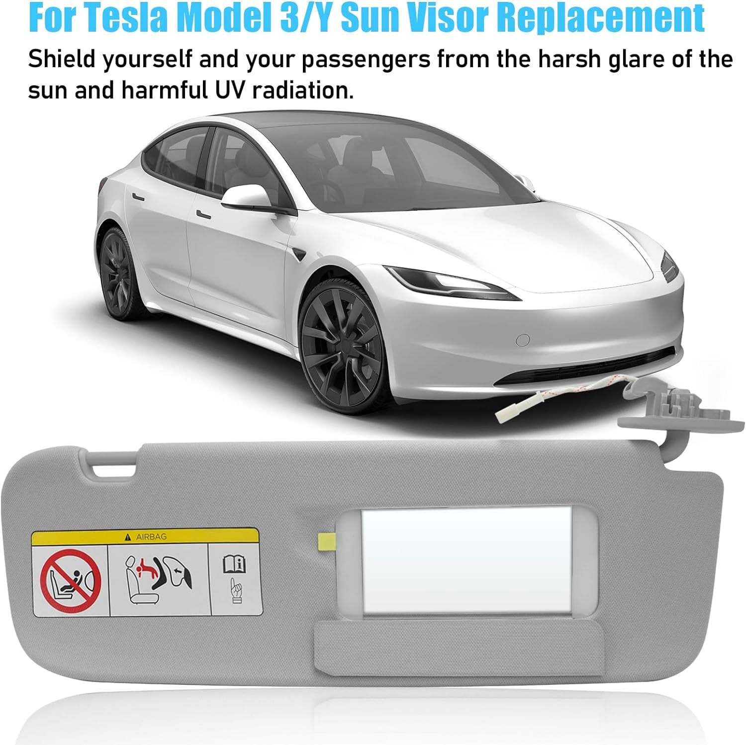 YDSSTORE Compatible with Tesla Model 3/Y Sun Visor 2017-2023. 1490406-01-B. Passenger Side Sunvisor Replacement with Vanity Mirror. Grey Sunroof Sun Visor for Tesla Model 3 Model Y 2017-2023 (Right)-autoydsstore