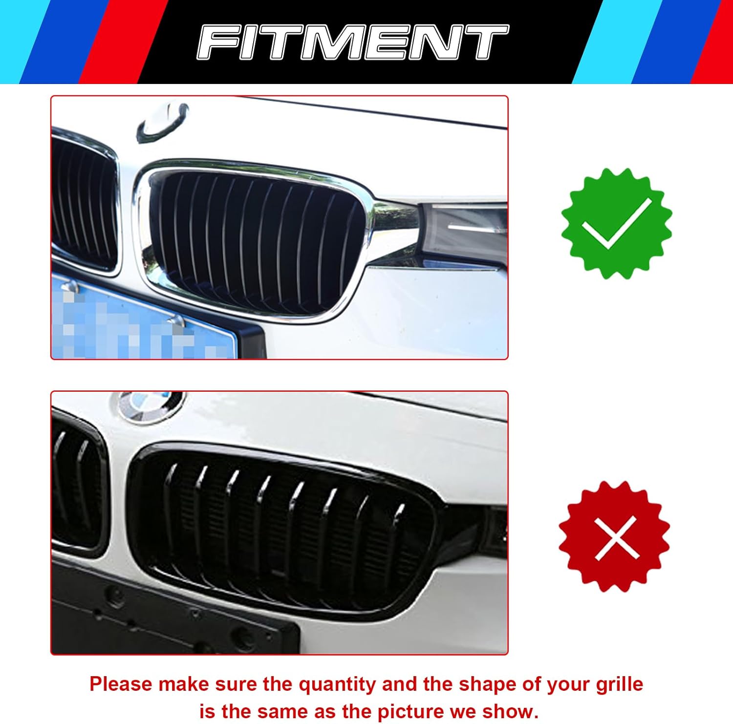 YDSSTORE M-Colored Tri Grille Insert Trim Strips for BMW 3 Series F30 & 4 Series F32 (2012-up. 2014-up) | Compatible with Standard Chrome Kidney Grilles | 11-Beam Front Grille | Easy Clip-on Installation-autoydsstore