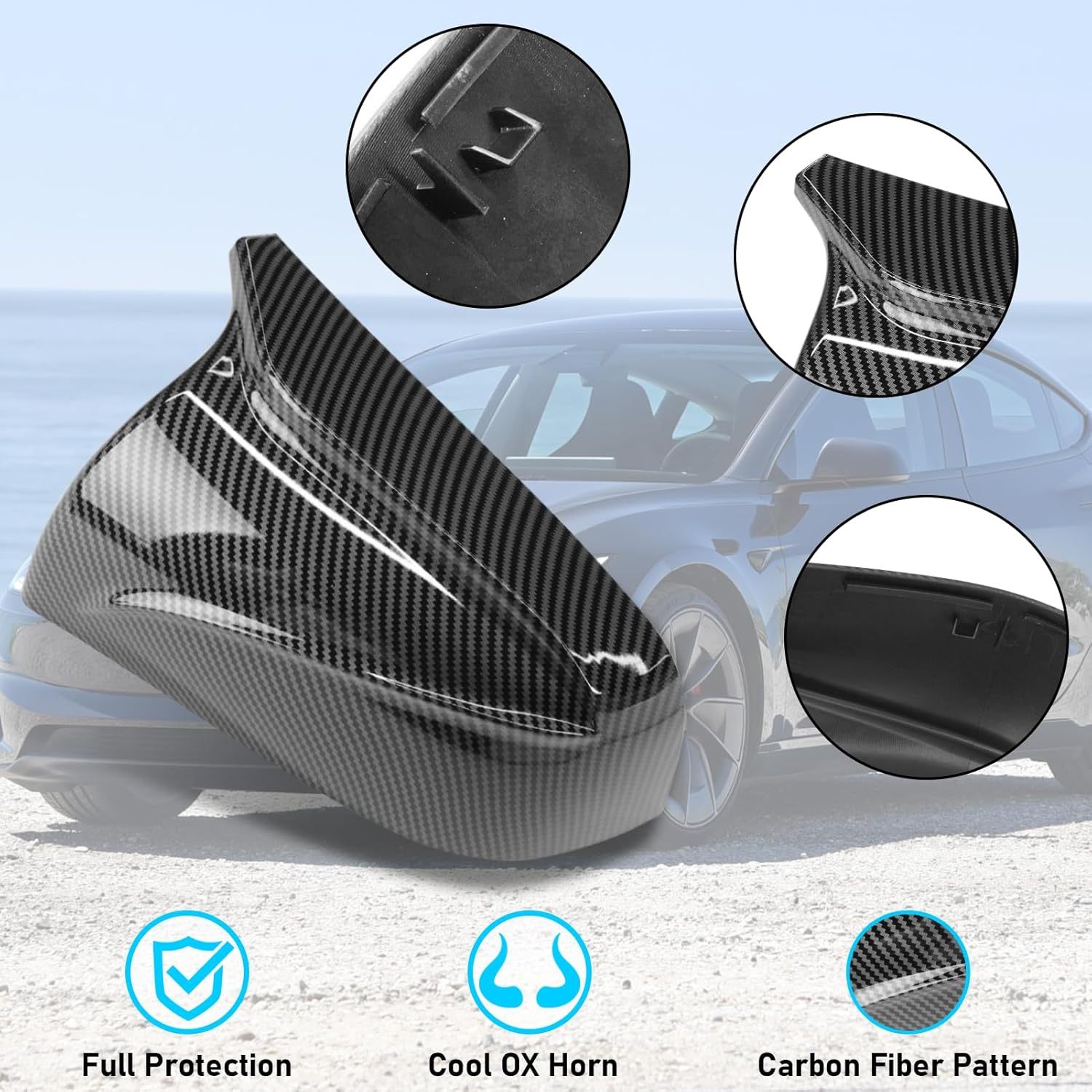 YDSSTORE Compatible with Tesla Model 3 Side Mirror Cover 2017-2024. Horns M Style Carbon Fiber Pattern Rear View Mirror Cover.Clip-on Left Driver and Right Side Mirror Caps for Tesla Model 3 Accessories-autoydsstore