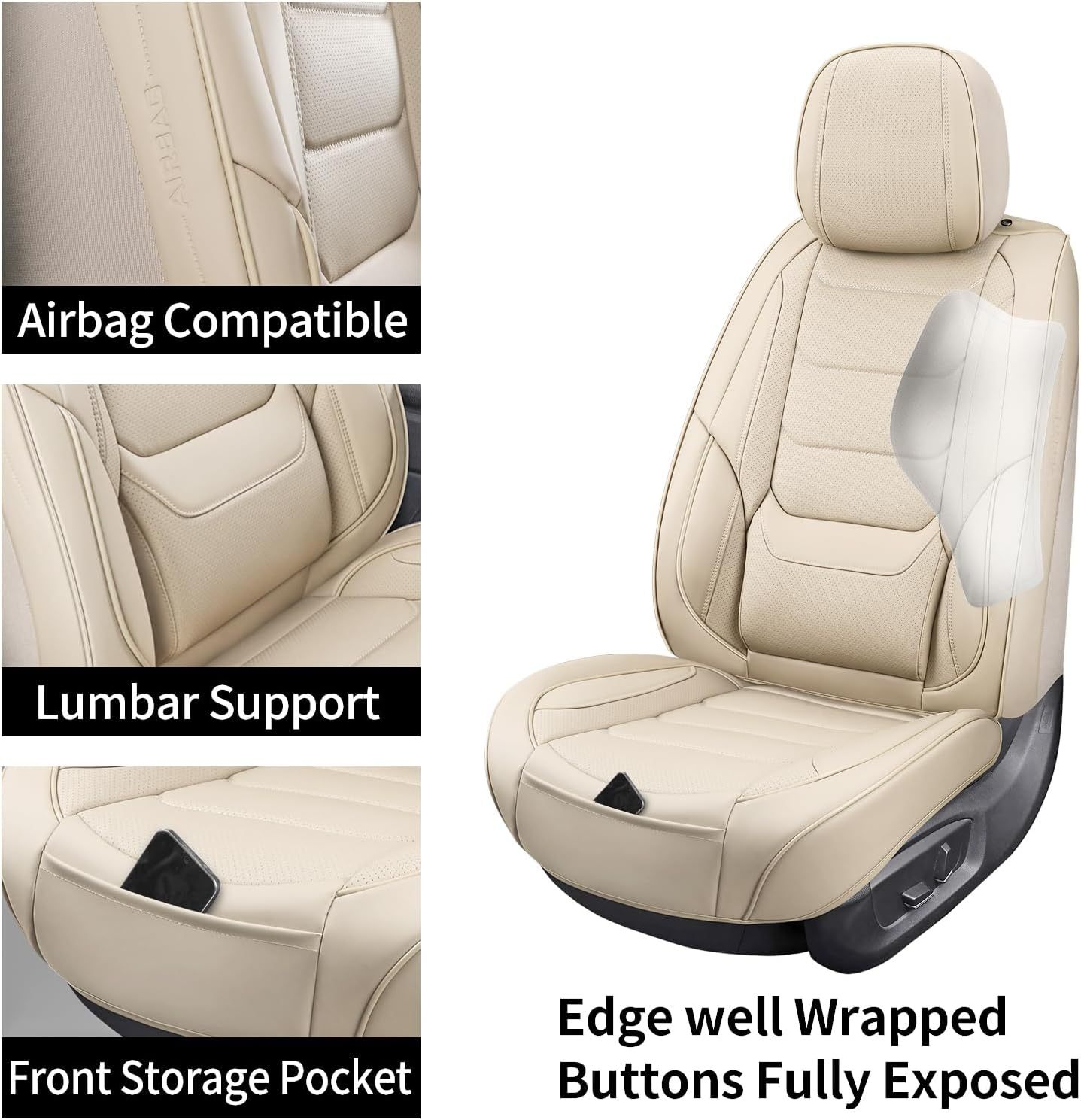 YDSSTORE Leather Car Seat Covers Full Set Breathable Automotive Seat Covers Waterproof Seat Protectors Universal Fit for Most Automotive Cars SUV Trucks(Beige. Full Set)